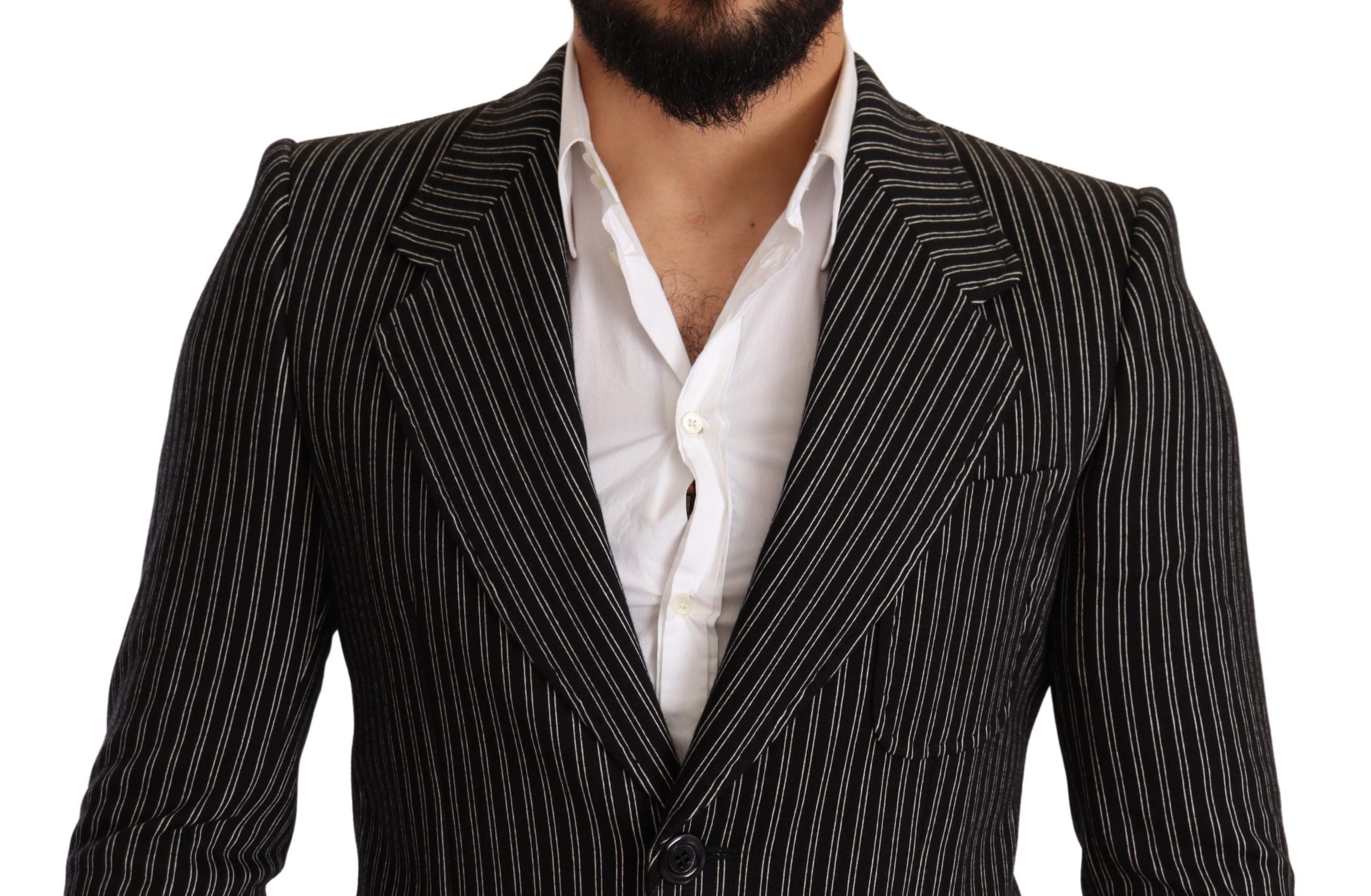 Elegant Black Striped Virgin Wool Blazer - ventzia