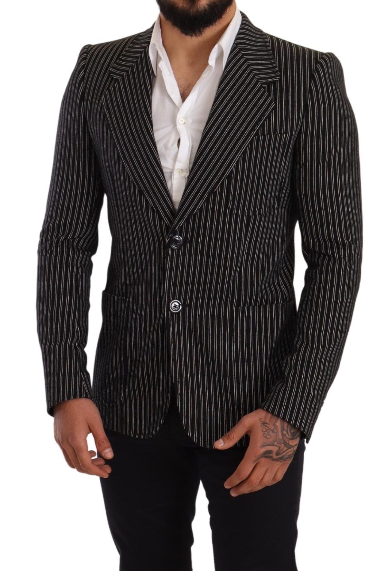 Elegant Black Striped Virgin Wool Blazer - ventzia