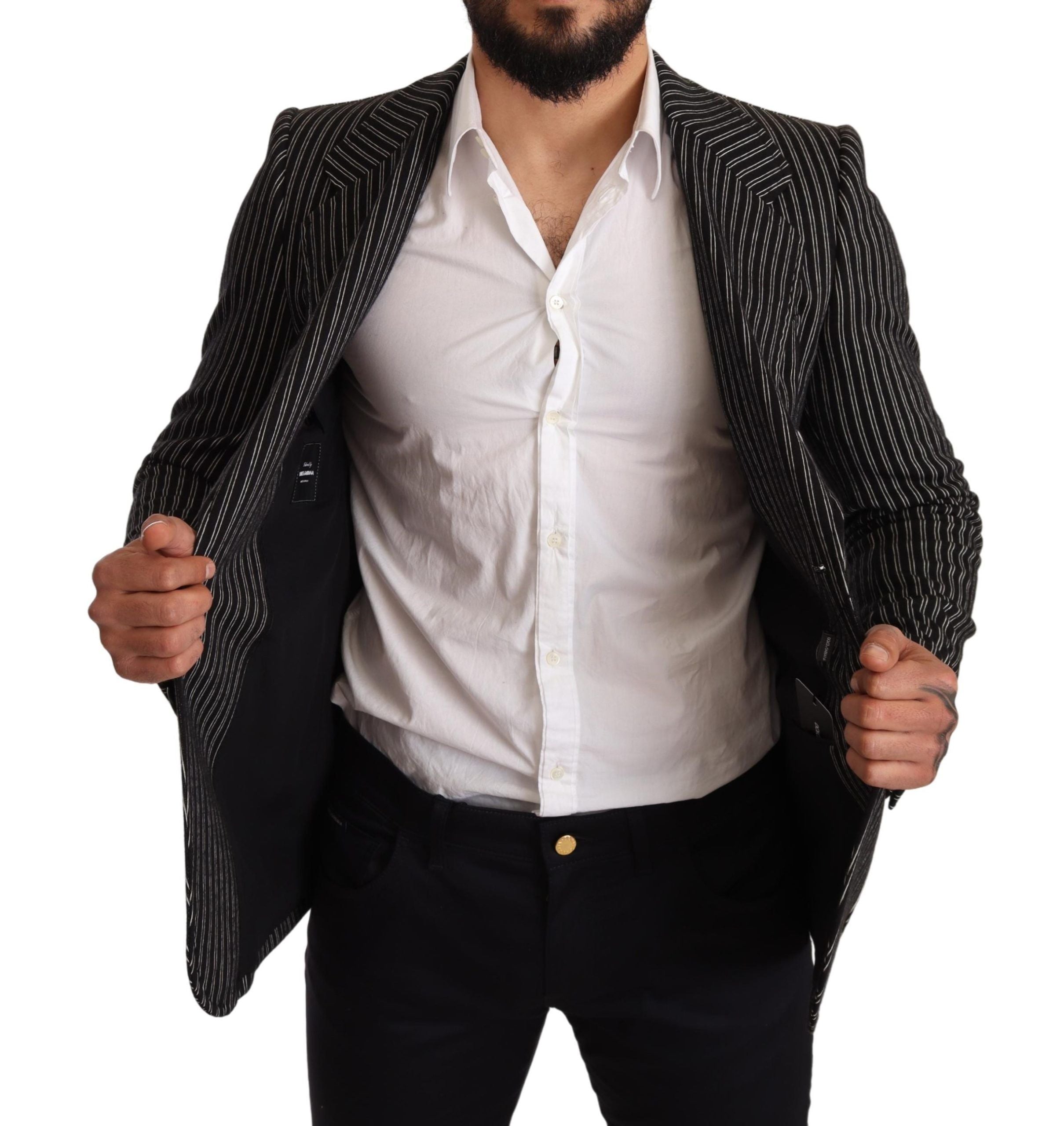 Elegant Black Striped Virgin Wool Blazer - ventzia
