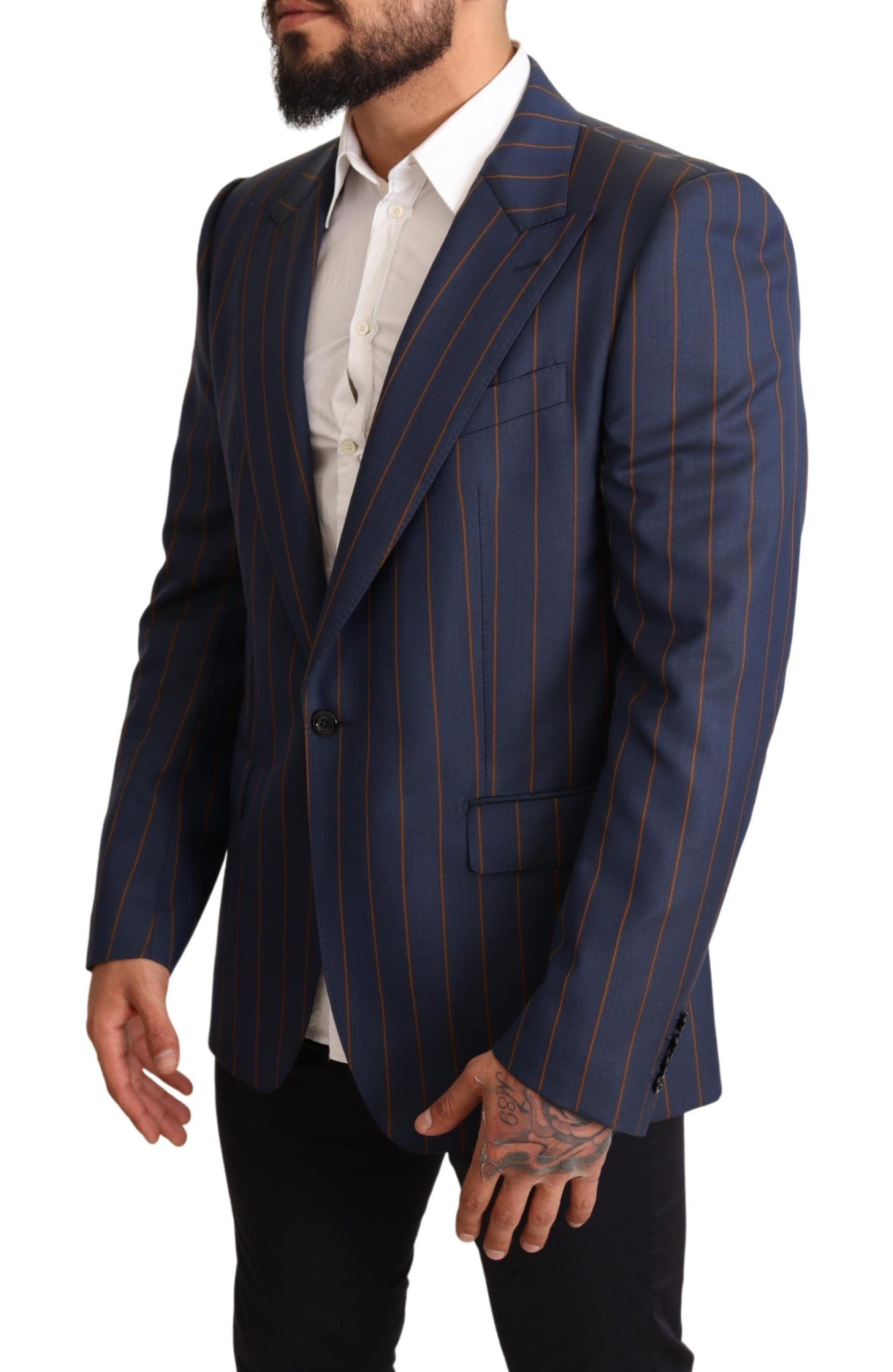 Elegant Slim Fit Blue Striped Wool Blazer - ventzia