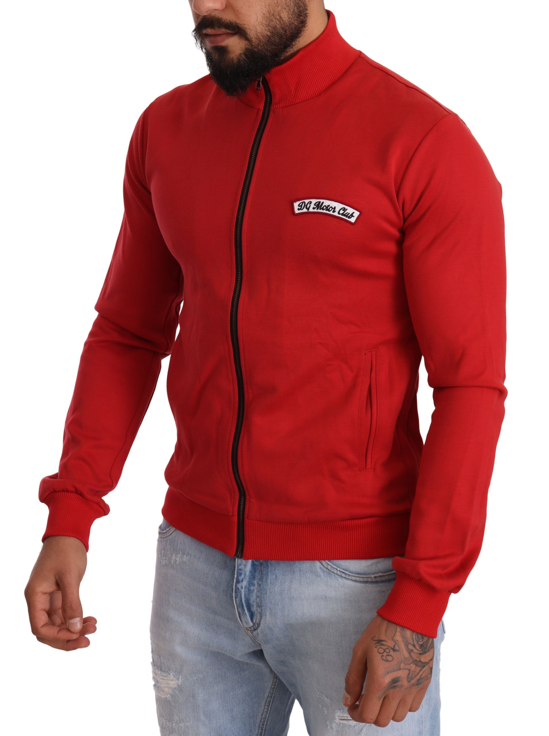 Elegant Red Full Zip Sweater with DG Motor Club Motif - ventzia