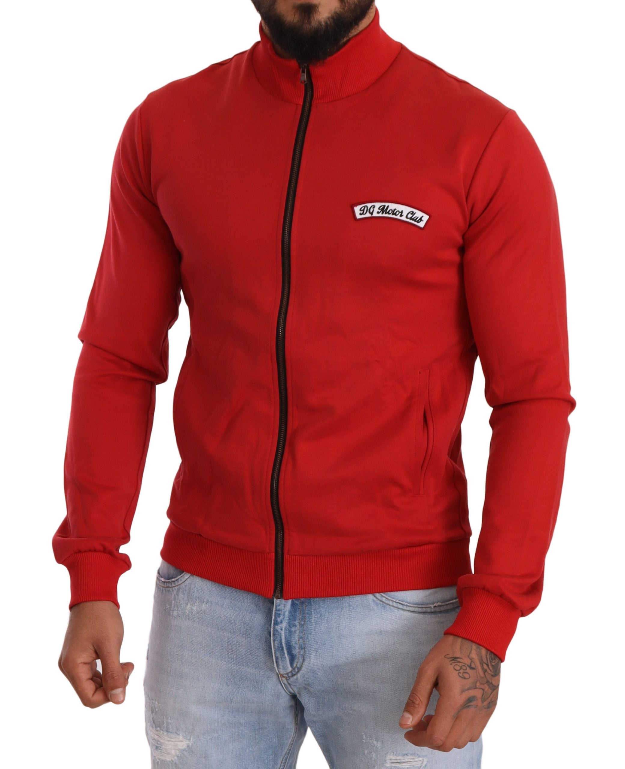 Elegant Red Full Zip Sweater with DG Motor Club Motif - ventzia