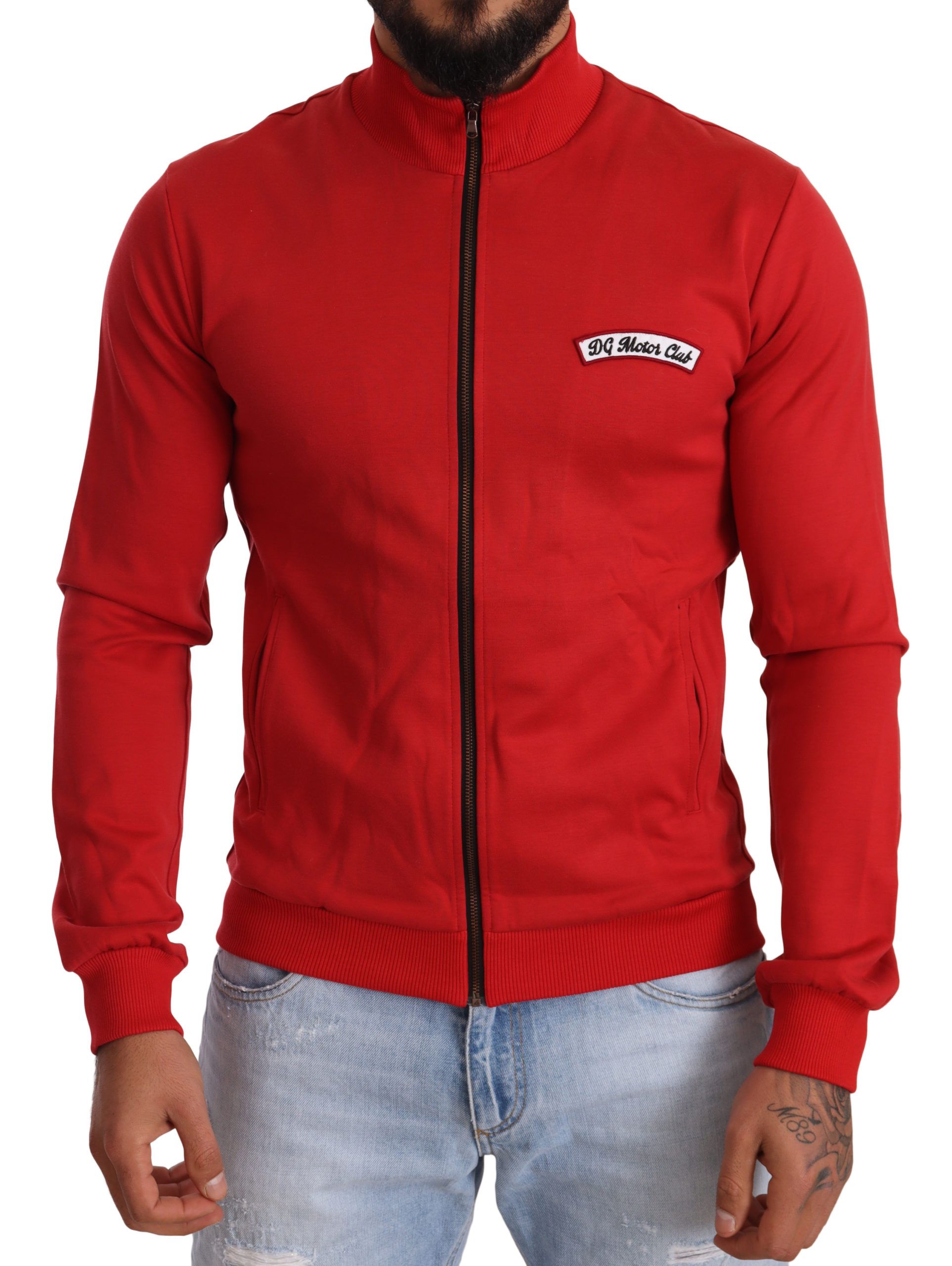 Elegant Red Full Zip Sweater with DG Motor Club Motif - ventzia