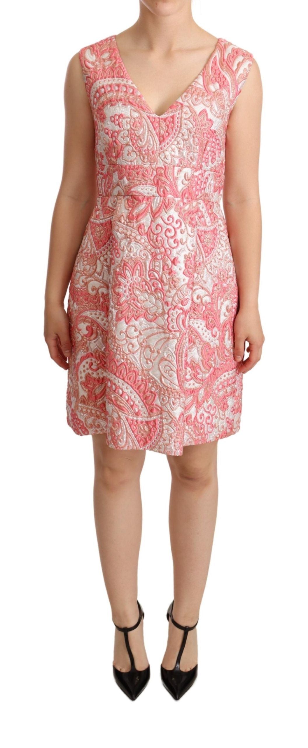 Pink Floral Jacquard Pleated Sheath Dress - ventzia