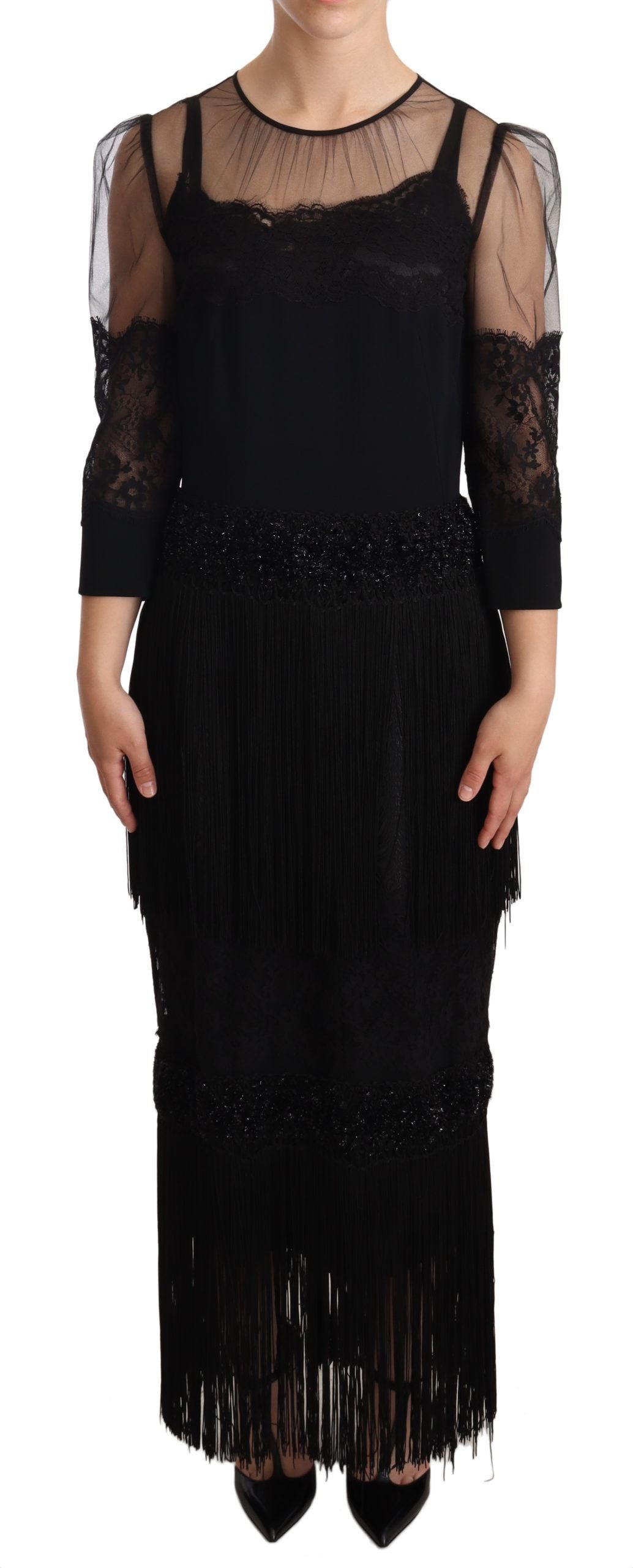 Elegant Lace Midi Dress in Black - ventzia