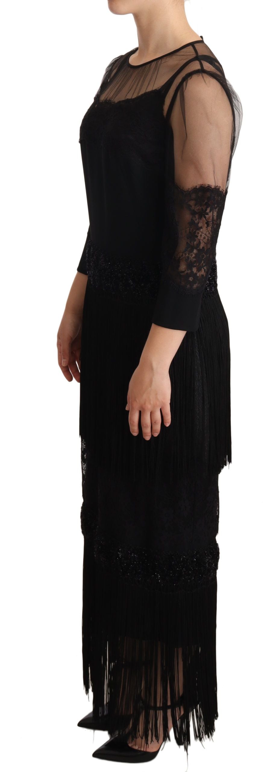 Elegant Lace Midi Dress in Black - ventzia