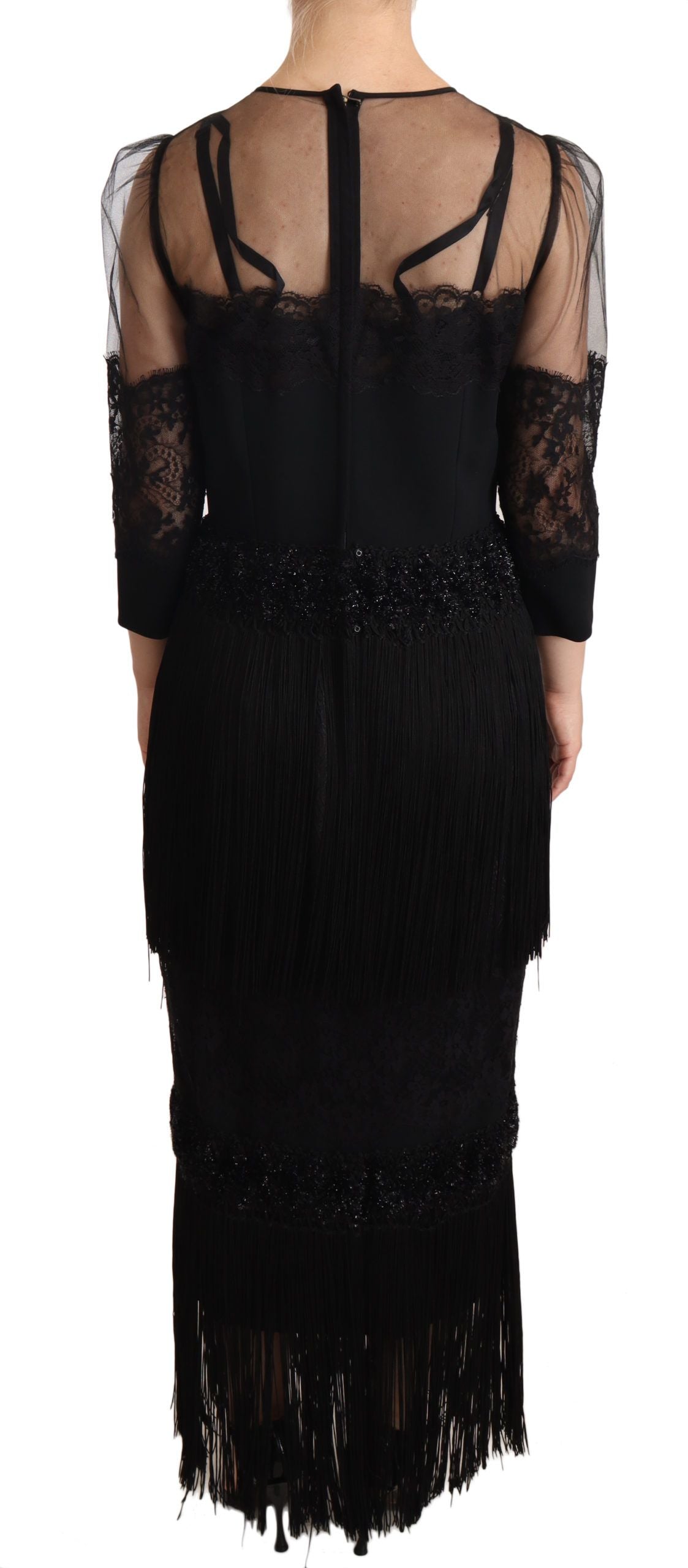 Elegant Lace Midi Dress in Black - ventzia