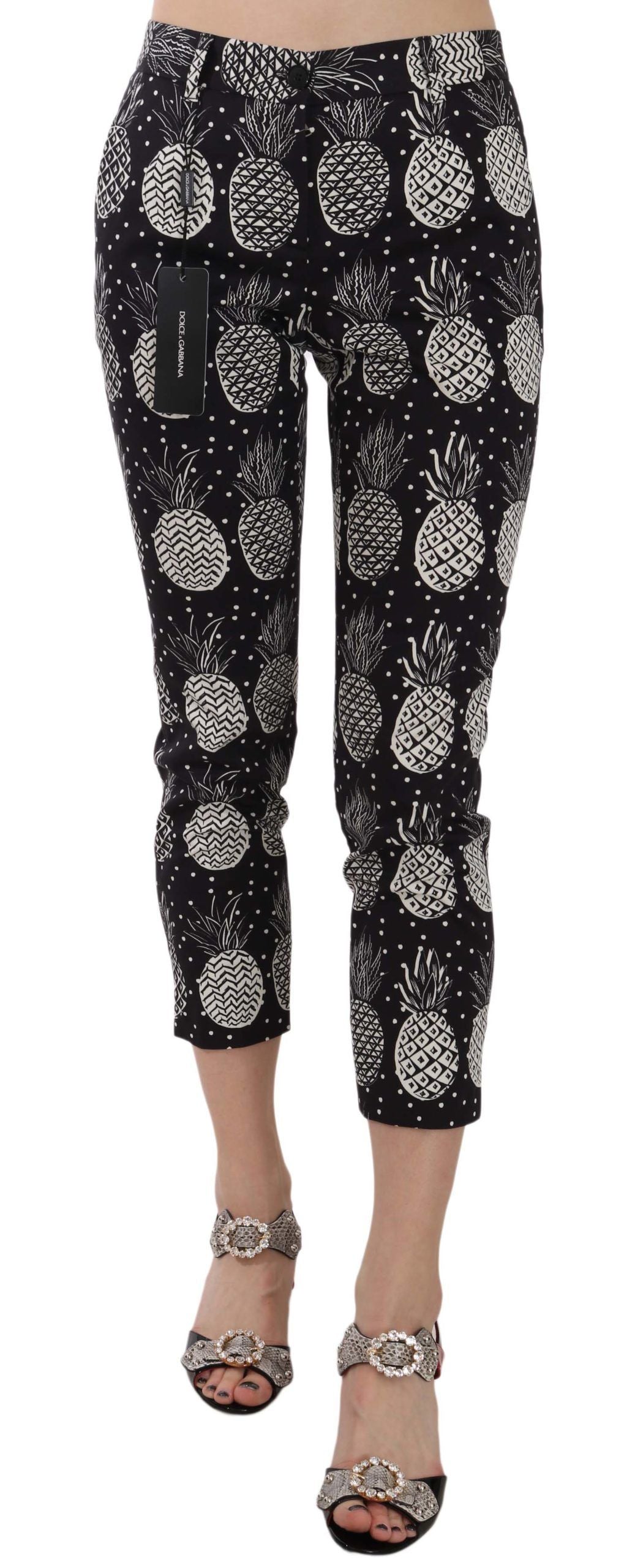 Chic Black Pineapple Print Skinny Capri Pants - ventzia