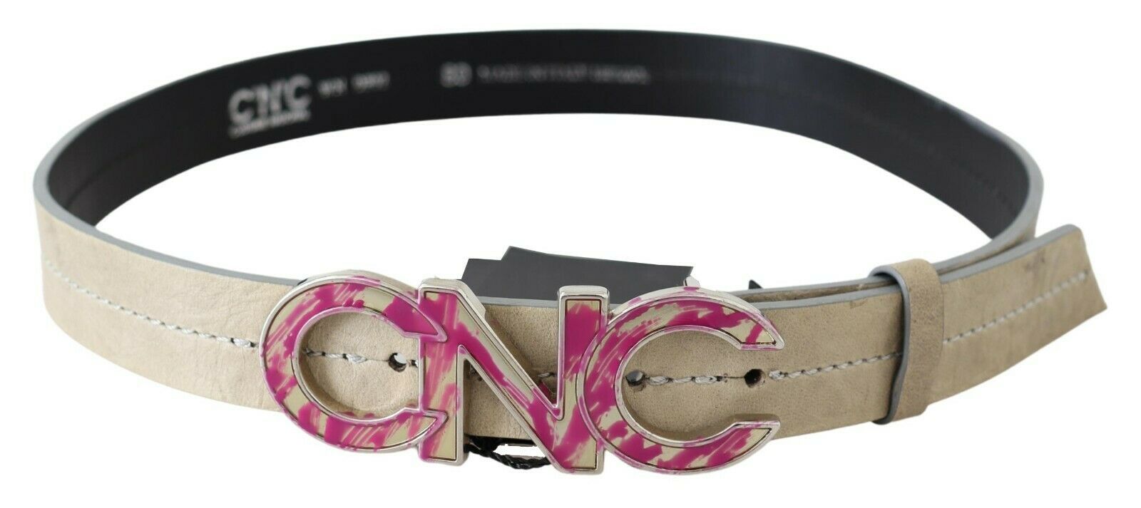 Beige Leather Fashion Belt with Logo Detail - ventzia