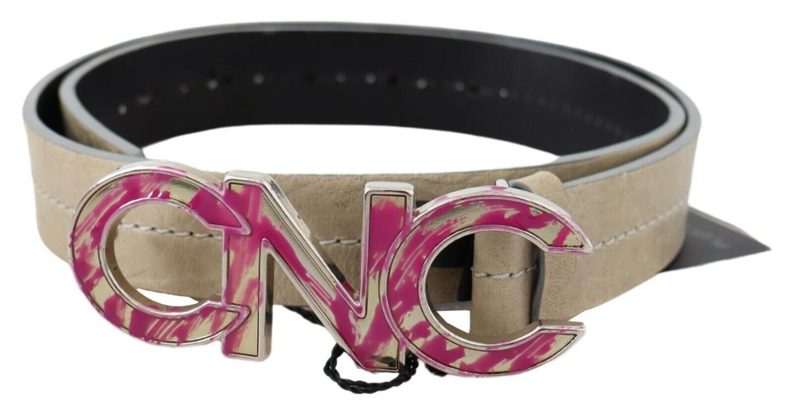 Beige Leather Fashion Belt with Logo Detail - ventzia