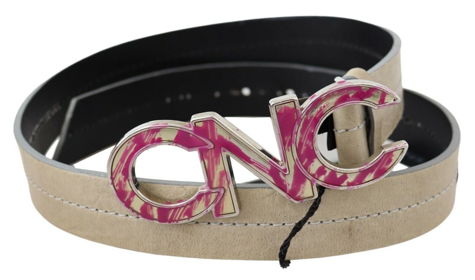 Beige Leather Fashion Belt with Logo Detail - ventzia