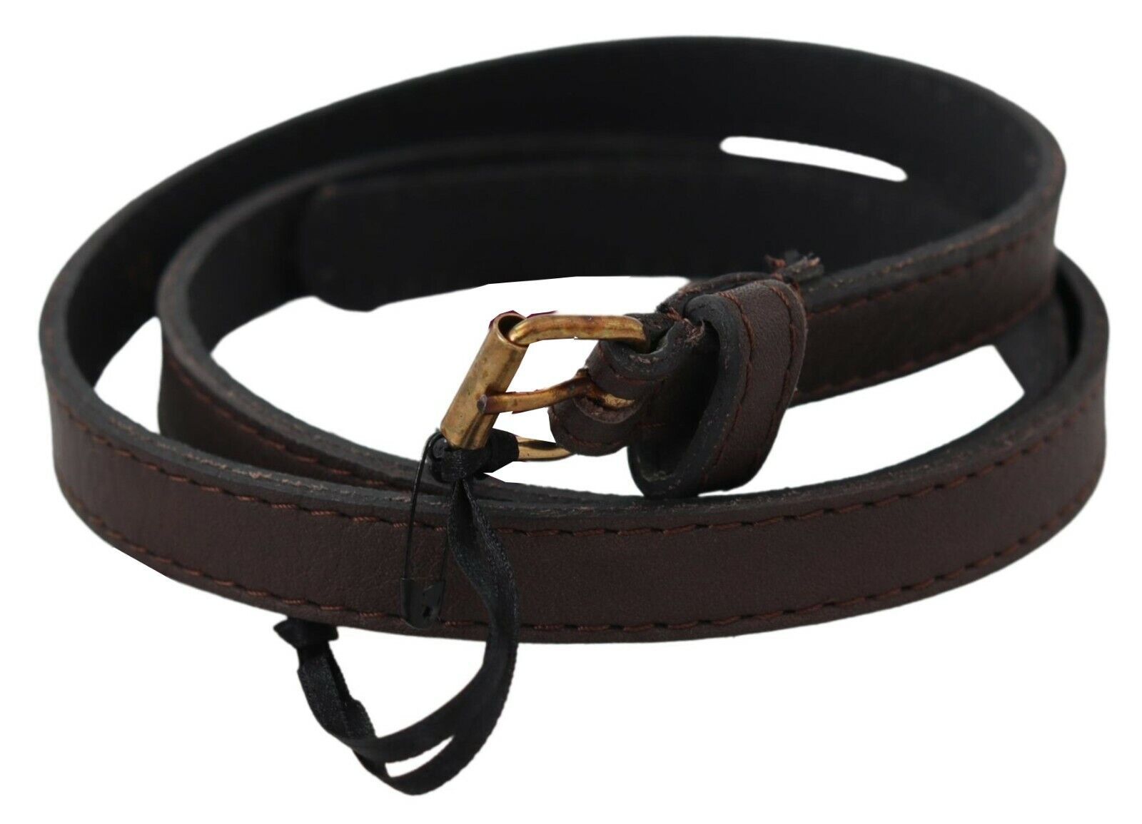 Elegant Brown Leather Fashion Belt with Gold-Tone Buckle - ventzia