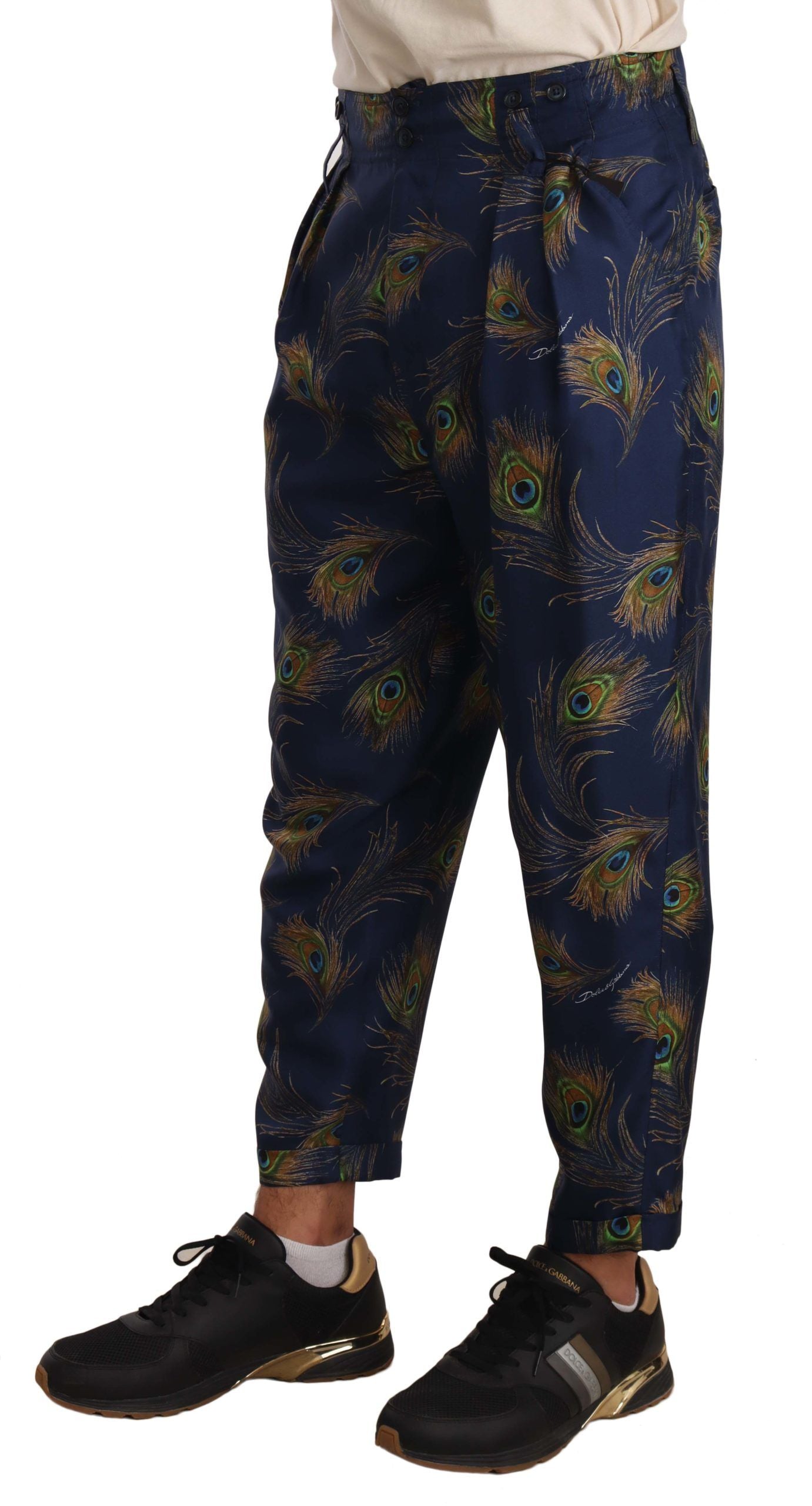 Exquisite Peacock Print Silk Trousers - ventzia