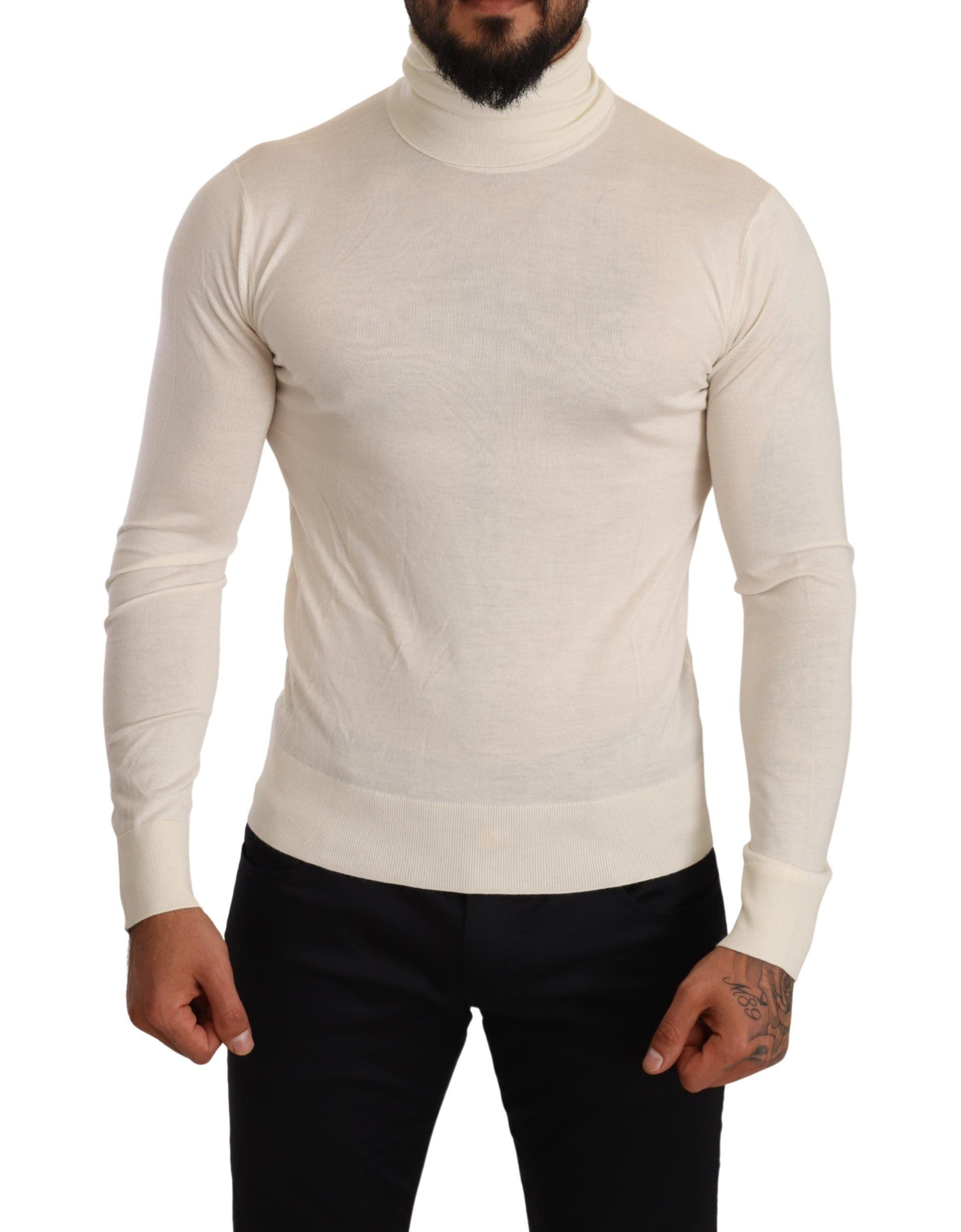 Ivory Cashmere-Silk Blend Turtleneck Sweater - ventzia