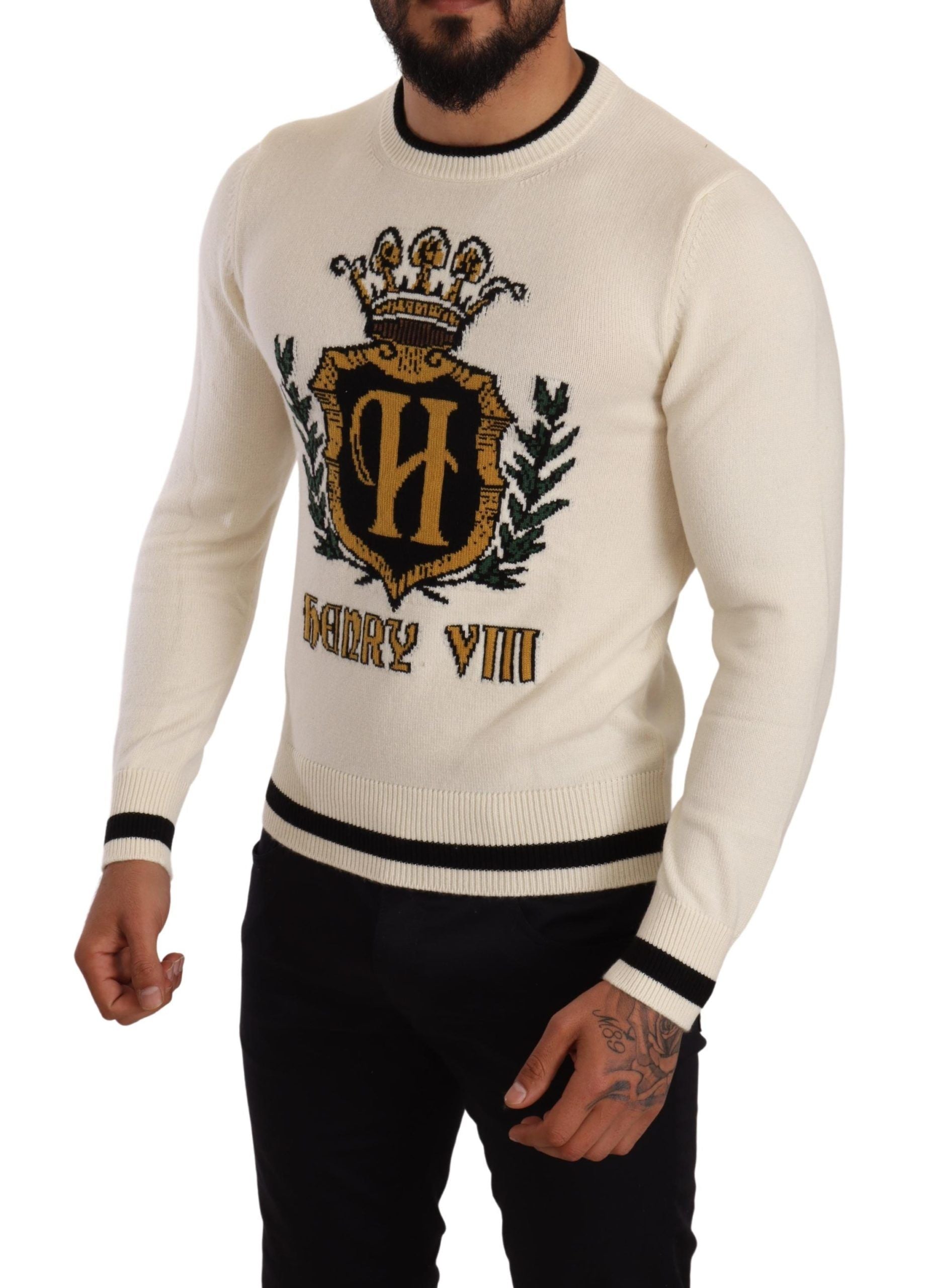 Elegant Snow-White Heraldic Cashmere Sweater - ventzia