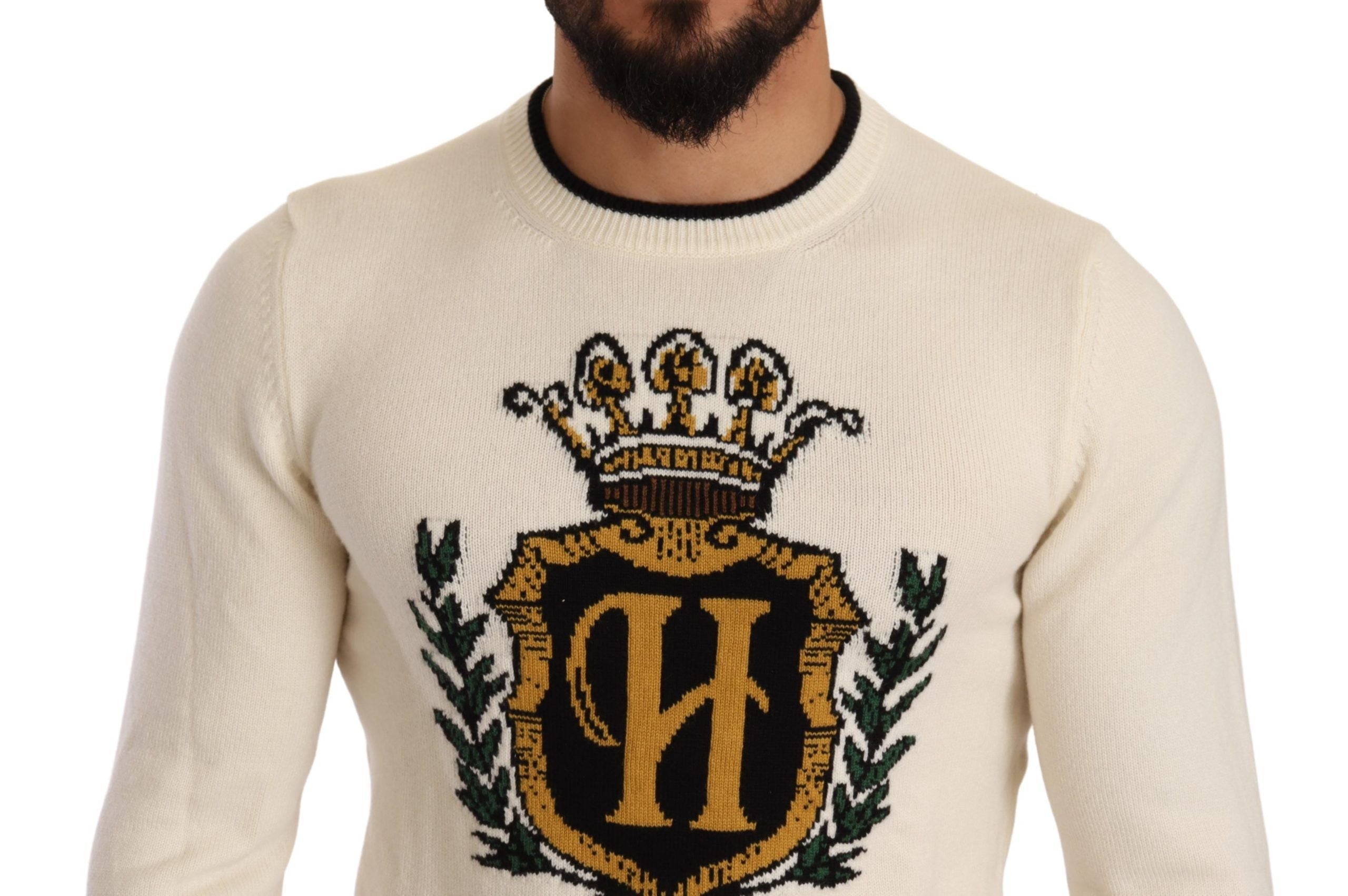 Elegant Snow-White Heraldic Cashmere Sweater - ventzia