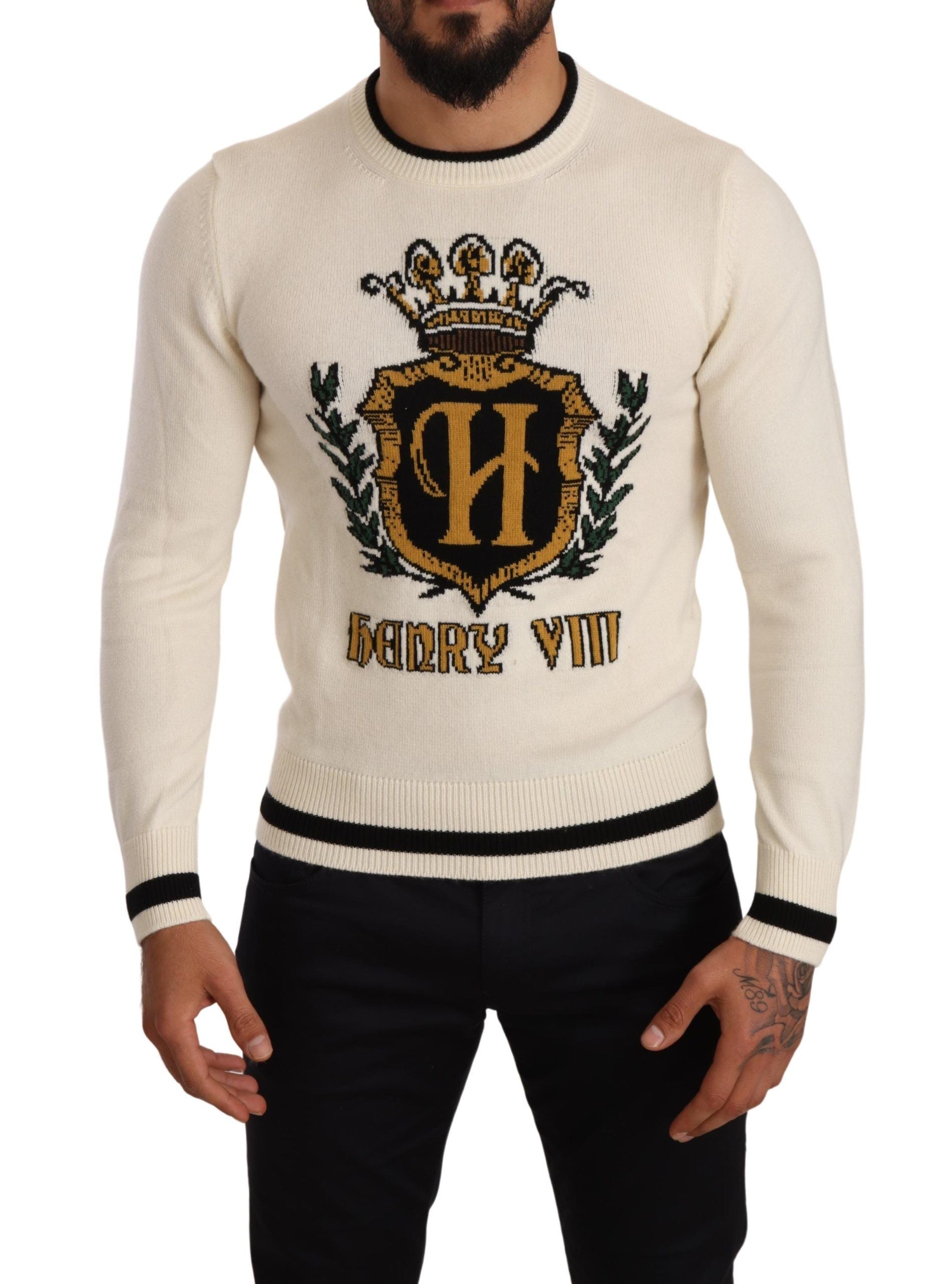 Elegant Snow-White Heraldic Cashmere Sweater - ventzia