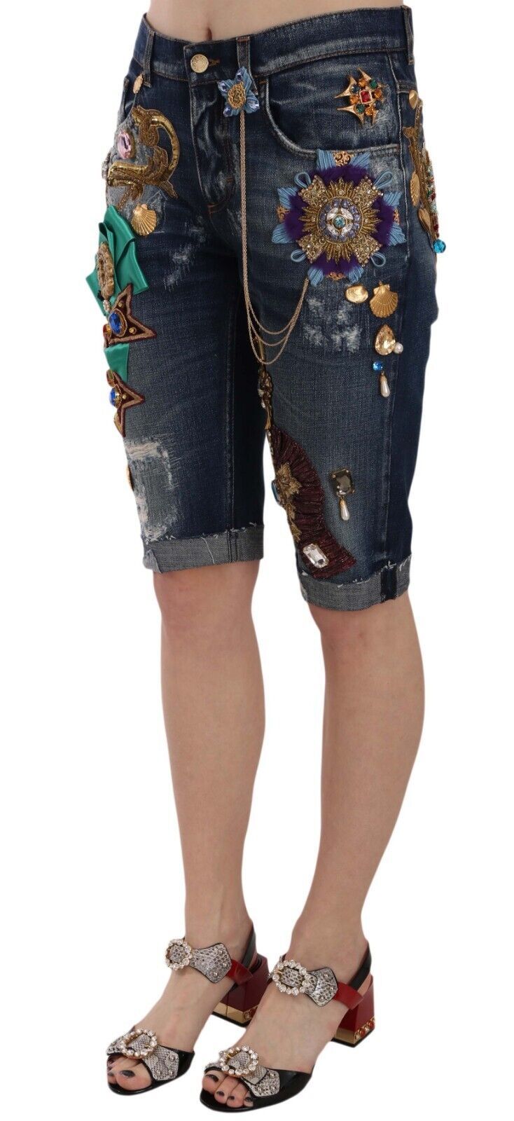 Elegant Knee-Length Embellished Denim Shorts - ventzia