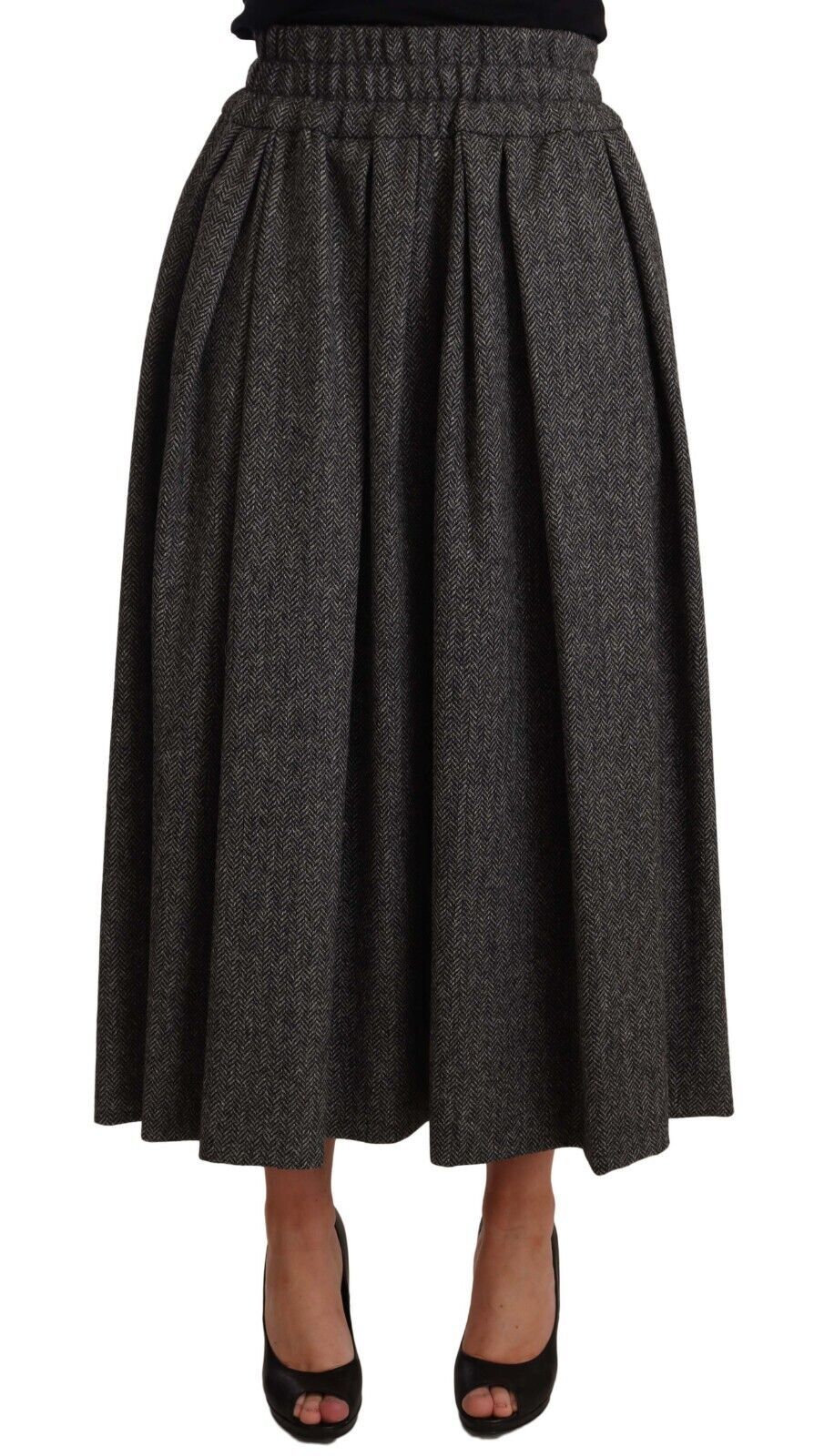Elegant A-Line Midi Wool Skirt in Gray Zigzag - ventzia