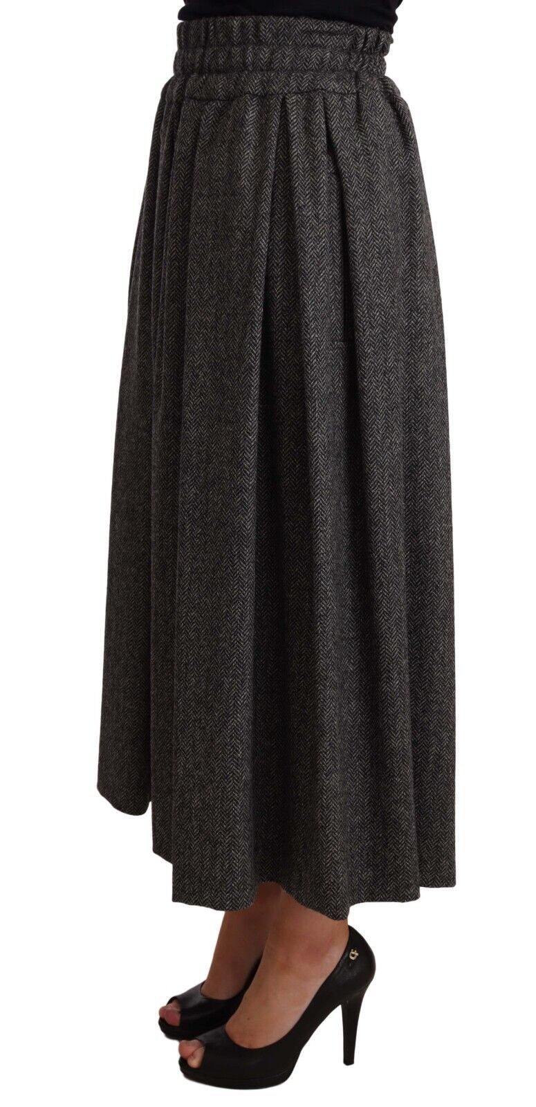 Elegant A-Line Midi Wool Skirt in Gray Zigzag - ventzia
