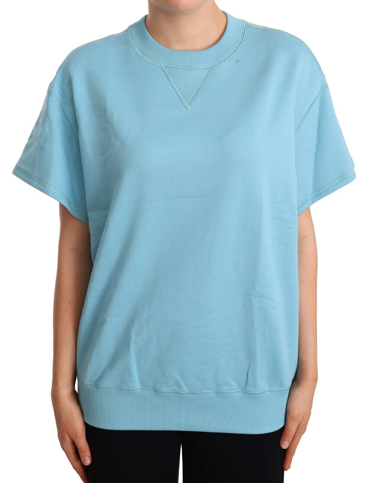 Elegant Blue Crew Neck Cotton Top - ventzia