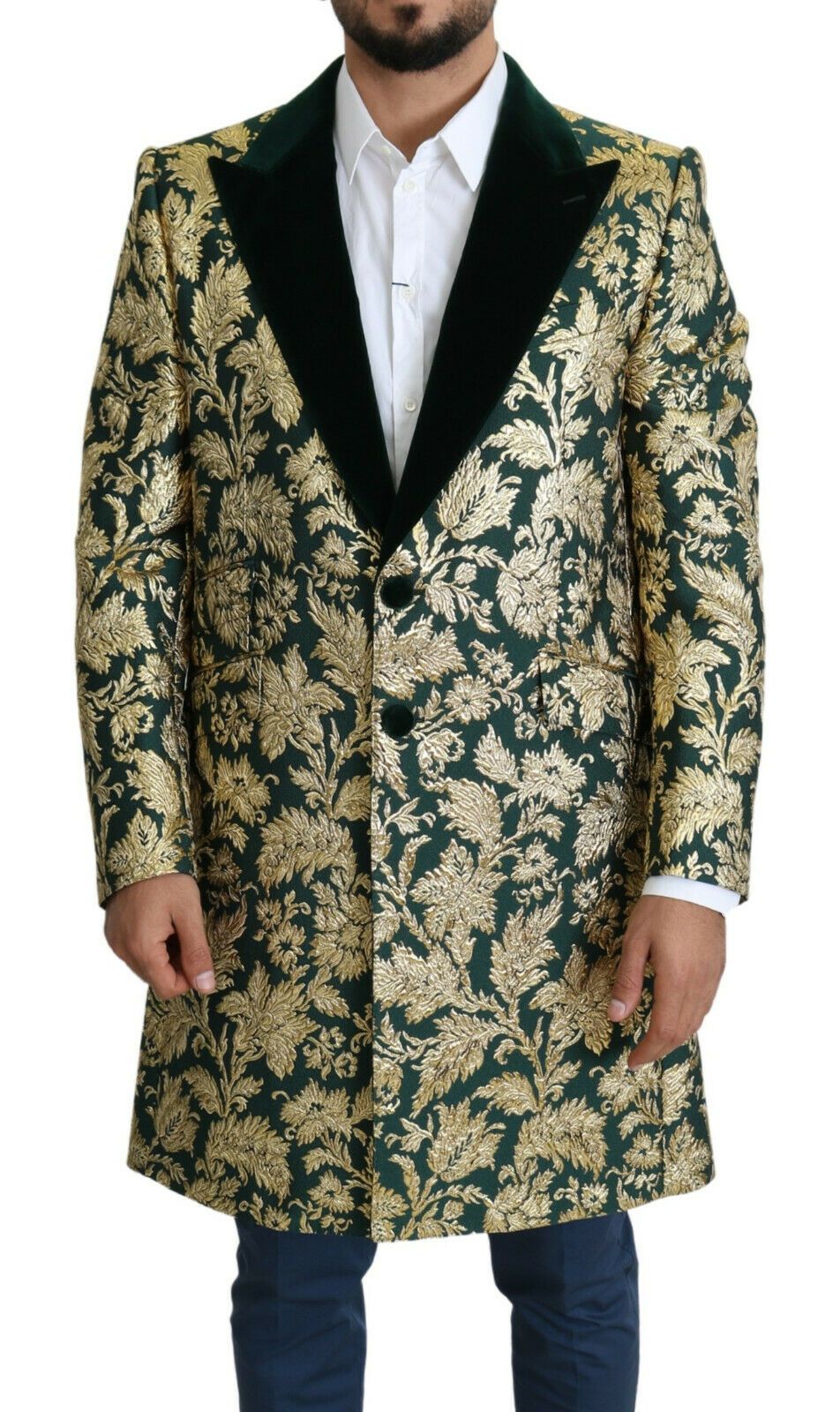 DOLCE & GABBANA Jacket SICILIA Green Gold Jacquard Long Coat - ventzia