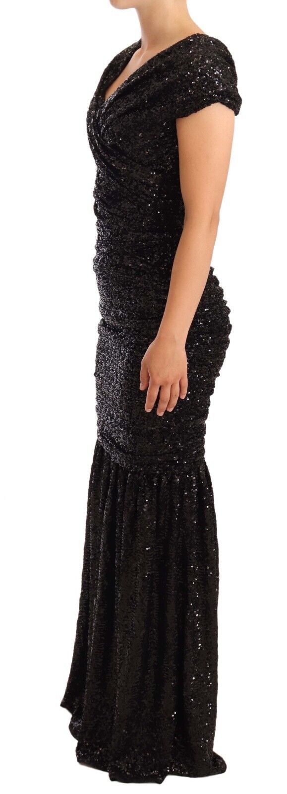 Elegant Black Sequined Open Shoulder Gown - ventzia