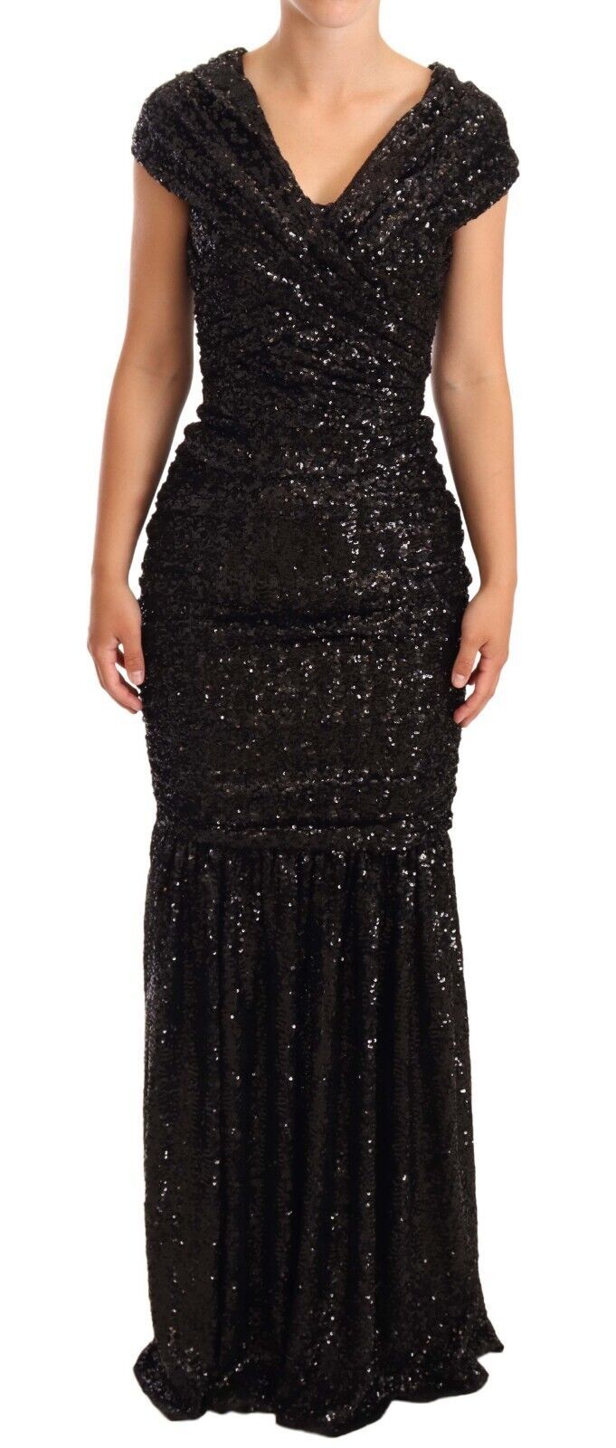 Elegant Black Sequined Open Shoulder Gown - ventzia
