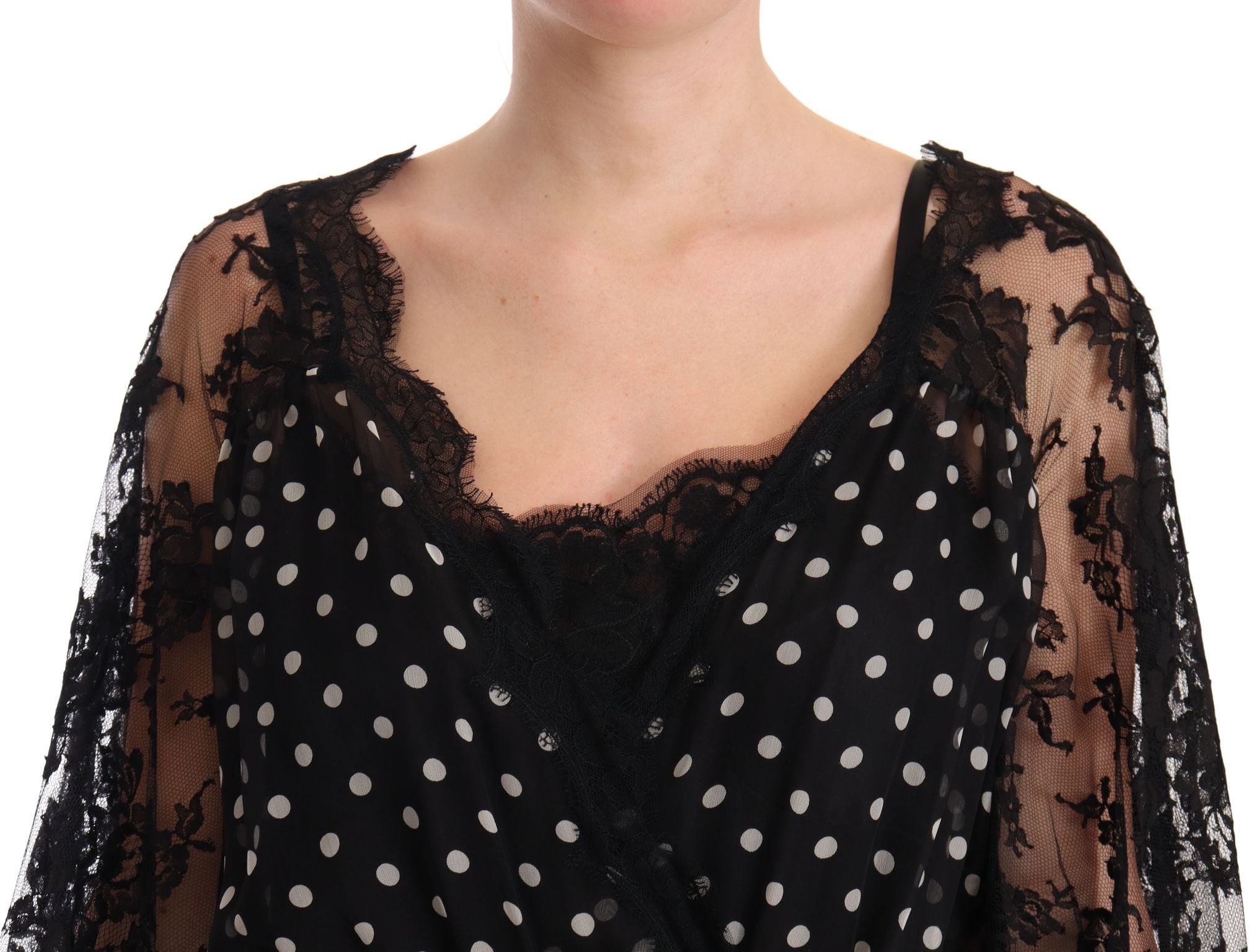 Elegant Lace Floral Maxi Dress with Polka Dots - ventzia