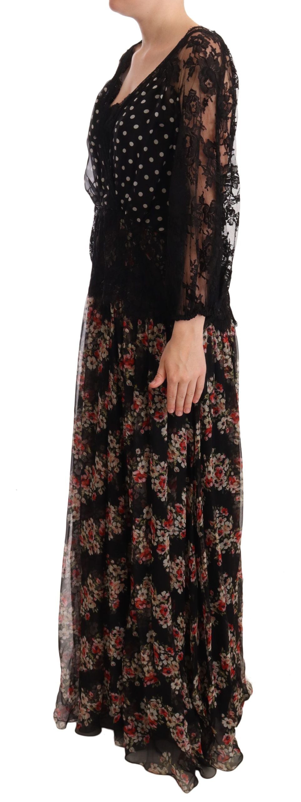 Elegant Lace Floral Maxi Dress with Polka Dots - ventzia