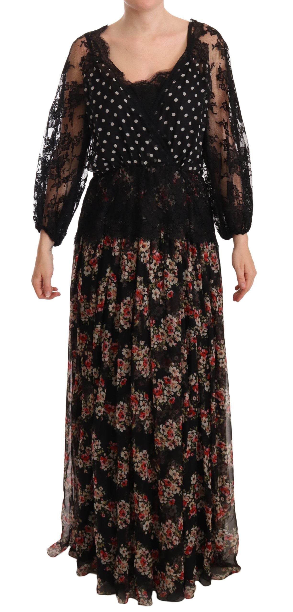 Elegant Lace Floral Maxi Dress with Polka Dots - ventzia