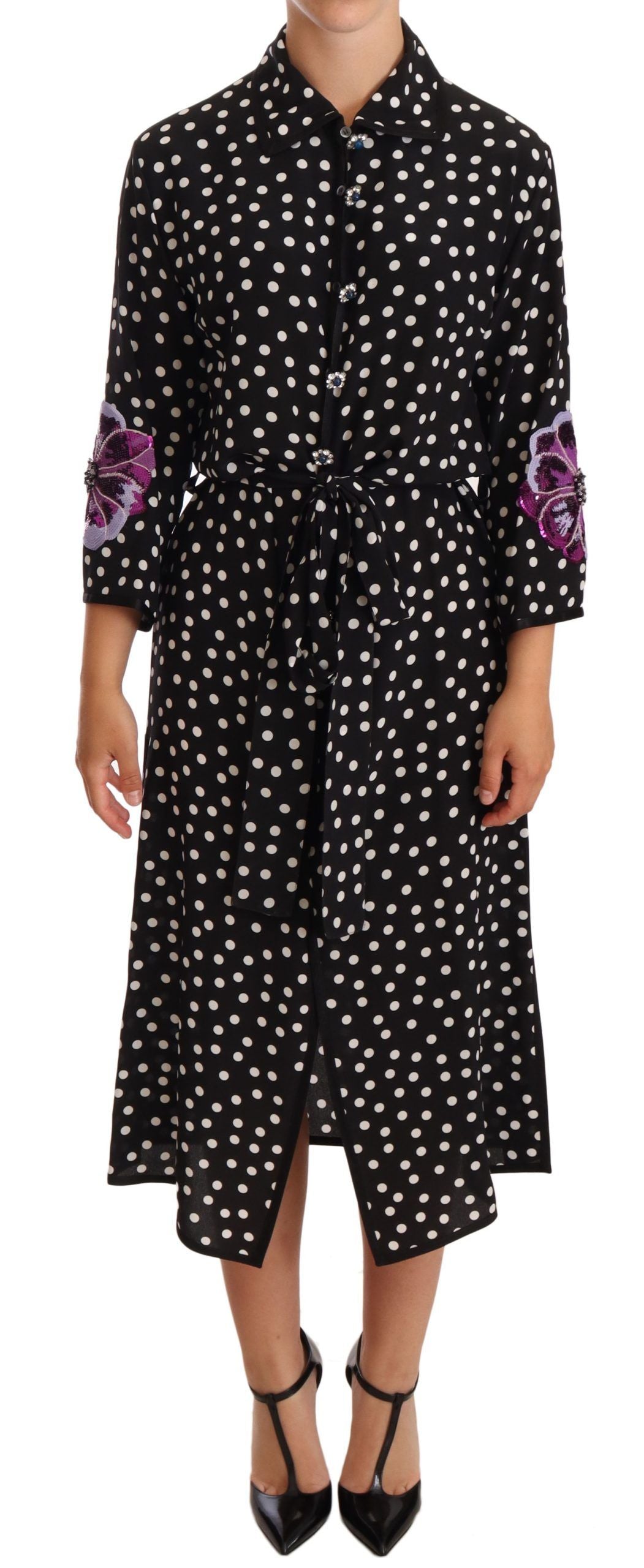 Elegant Silk Polka Dot Sequin Midi Dress - ventzia