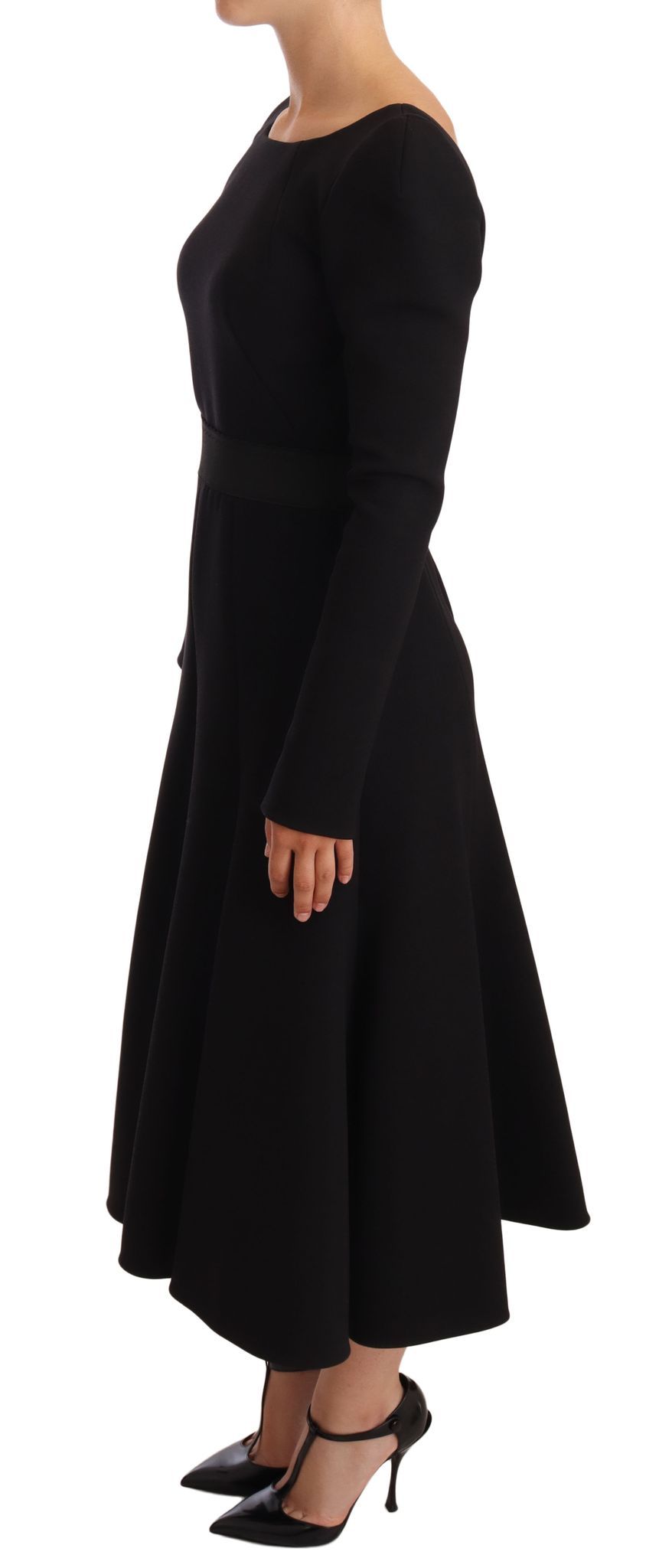 Elegant Black Stretch Sheath Mid-Calf Dress - ventzia