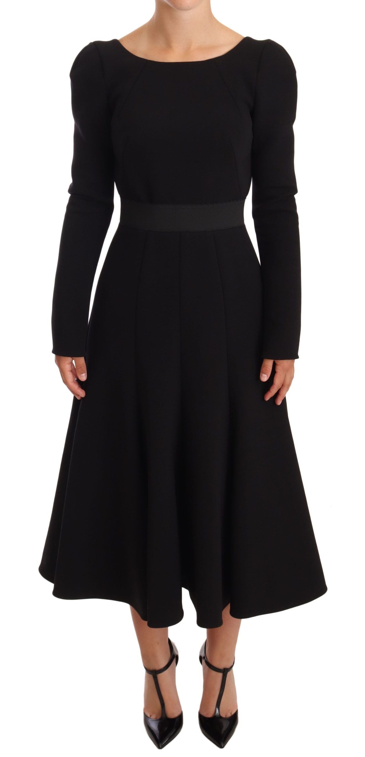 Elegant Black Stretch Sheath Mid-Calf Dress - ventzia