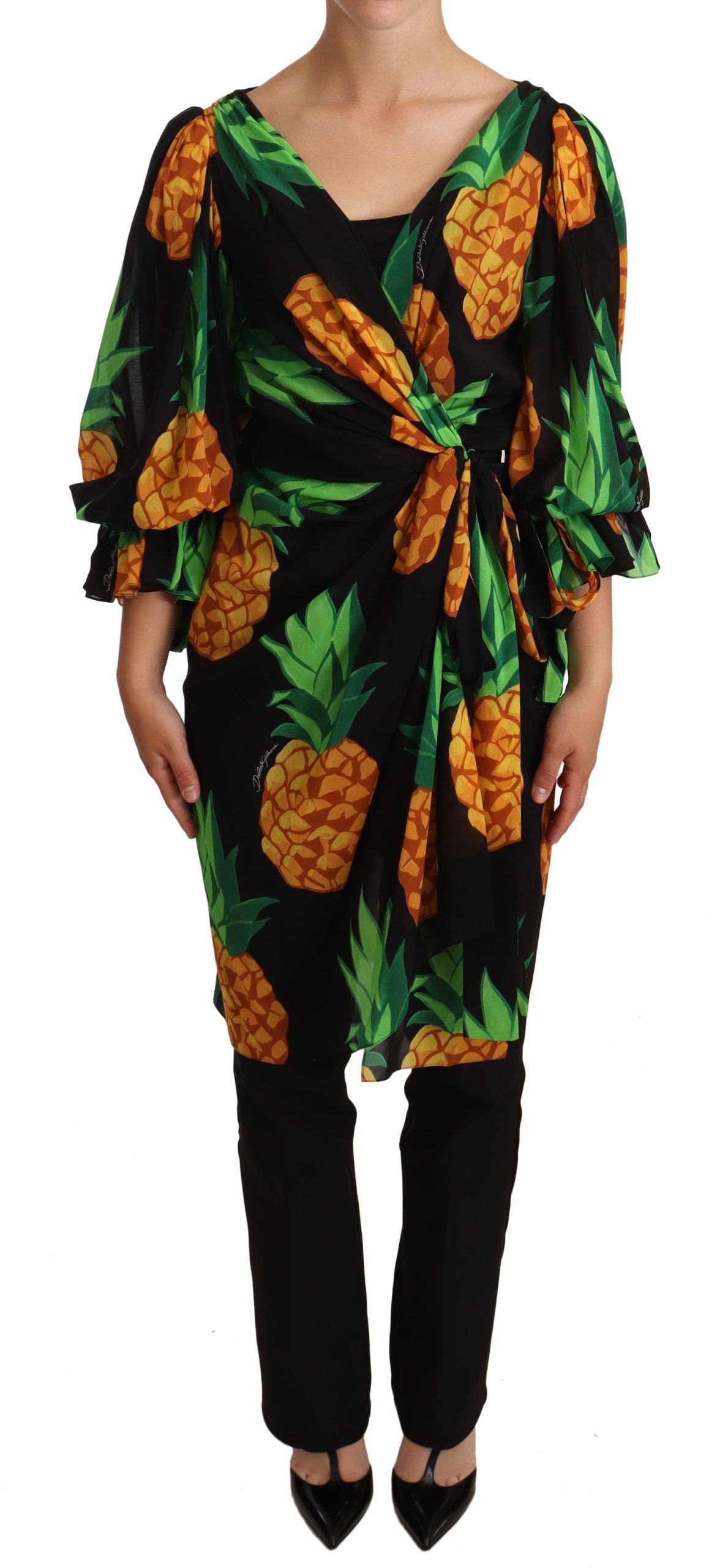 Vibrant Pineapple Draped Wrap Dress - ventzia