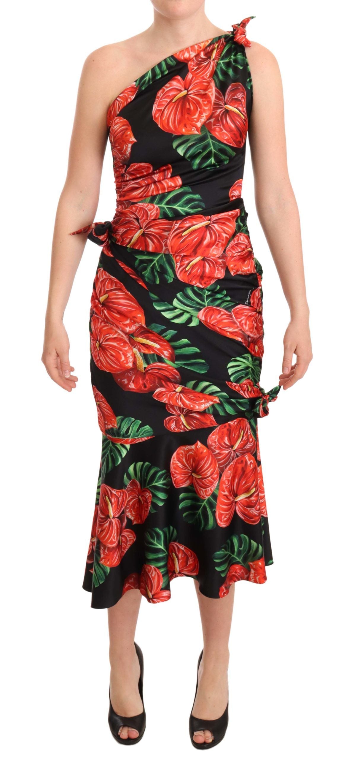 Elegant Floral Silk Draped Dress - ventzia