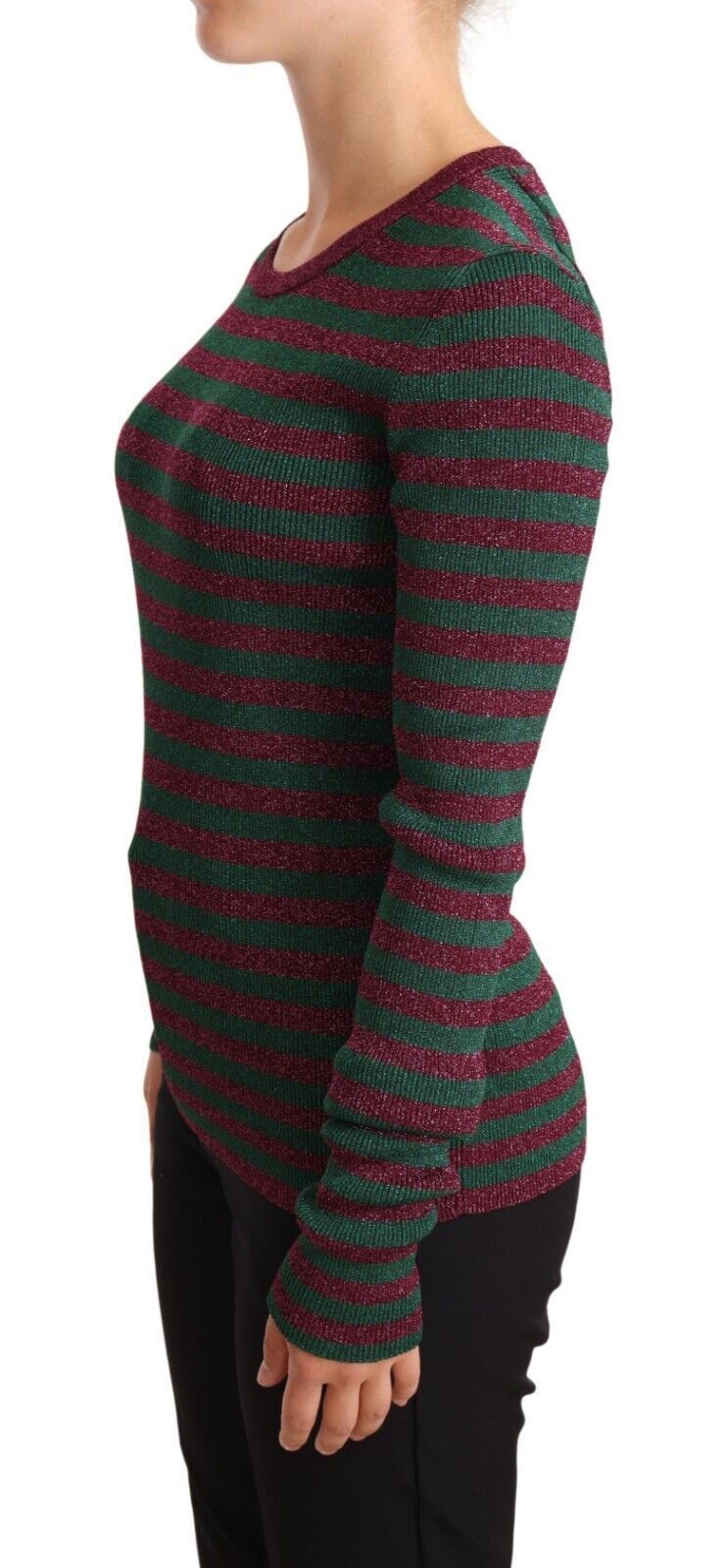 Elegant Maroon and Green Striped Crewneck Sweater - ventzia