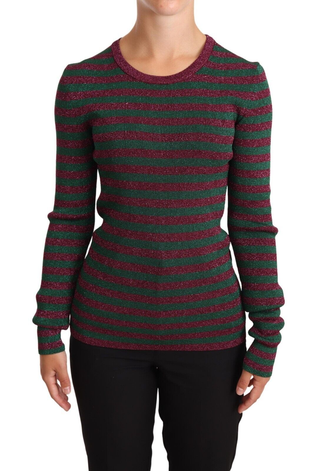 Elegant Maroon and Green Striped Crewneck Sweater - ventzia