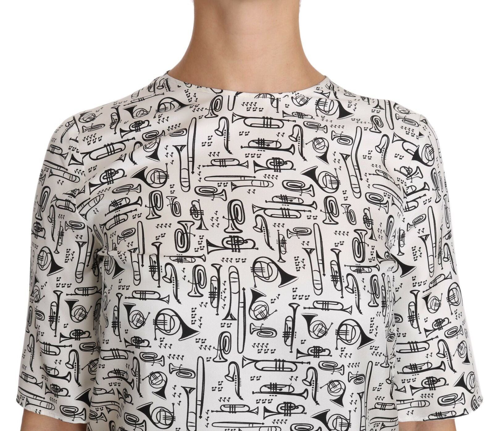 Elegant Trumpet Print Silk Blouse Top - ventzia