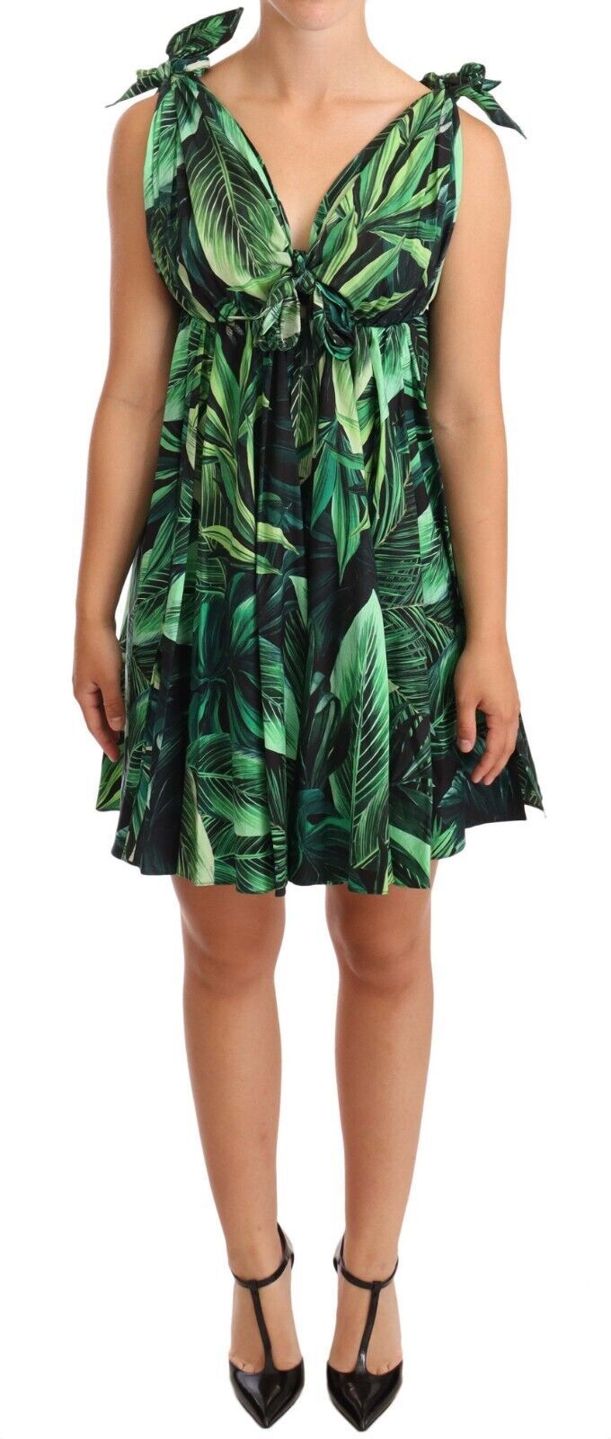 Green Leaves Print Cotton Flared Mini Dress - ventzia
