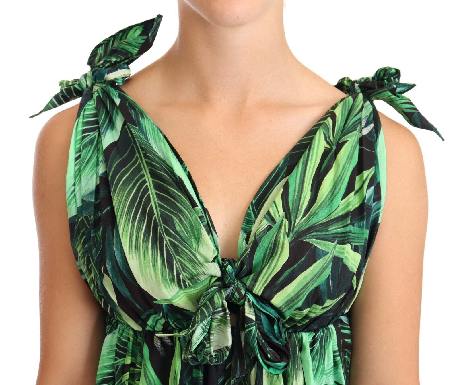 Green Leaves Print Cotton Flared Mini Dress - ventzia