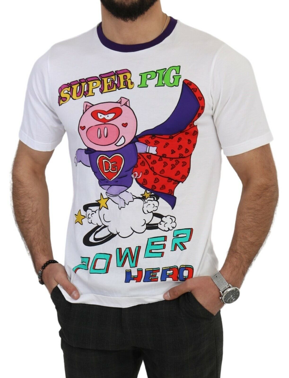 Chic White Cotton Pig Motif Tee - ventzia