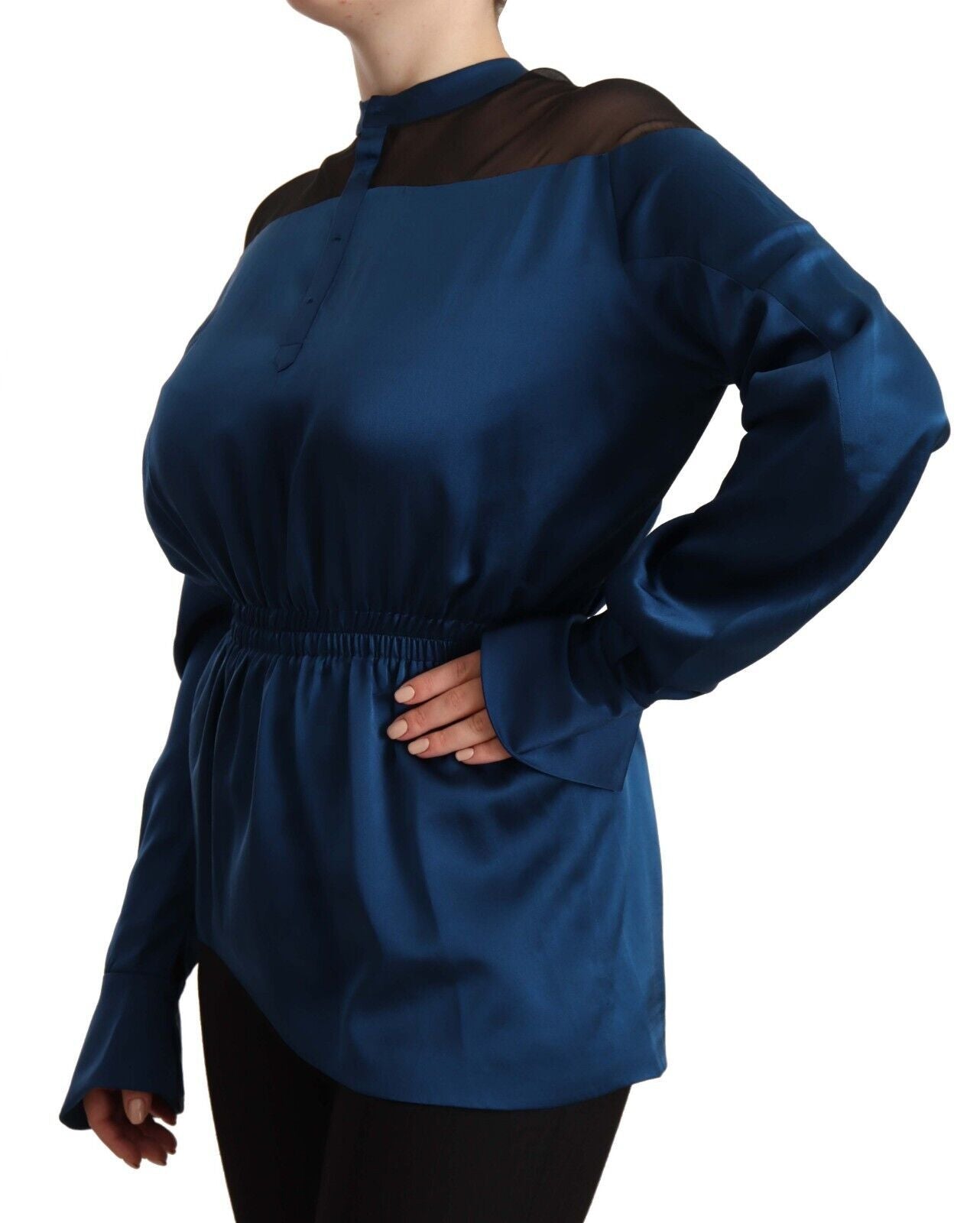 Elegant Crew Neck Silk Blouse in Blue - ventzia