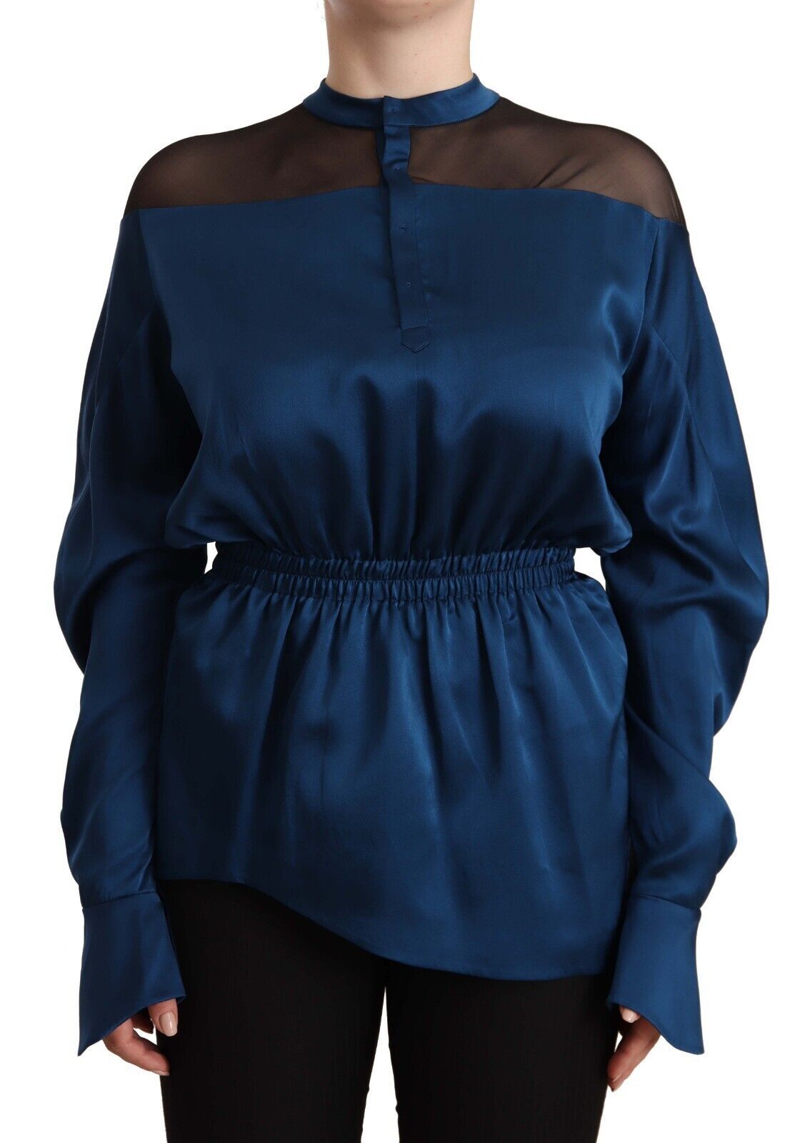 Elegant Crew Neck Silk Blouse in Blue - ventzia