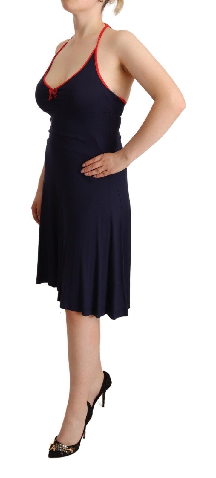Navy Blue Cotton Midi Halter Dress - ventzia