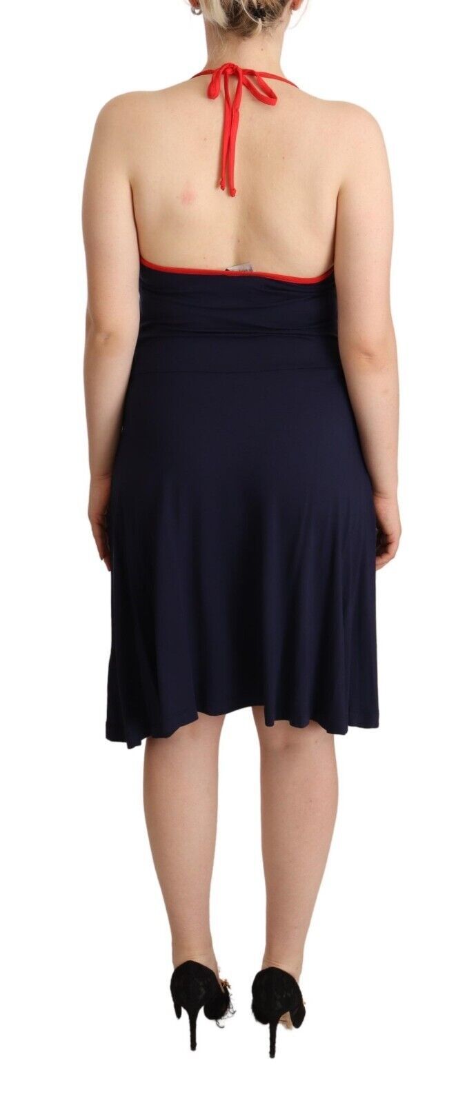 Navy Blue Cotton Midi Halter Dress - ventzia