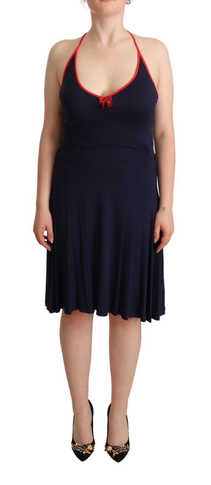 Navy Blue Cotton Midi Halter Dress - ventzia