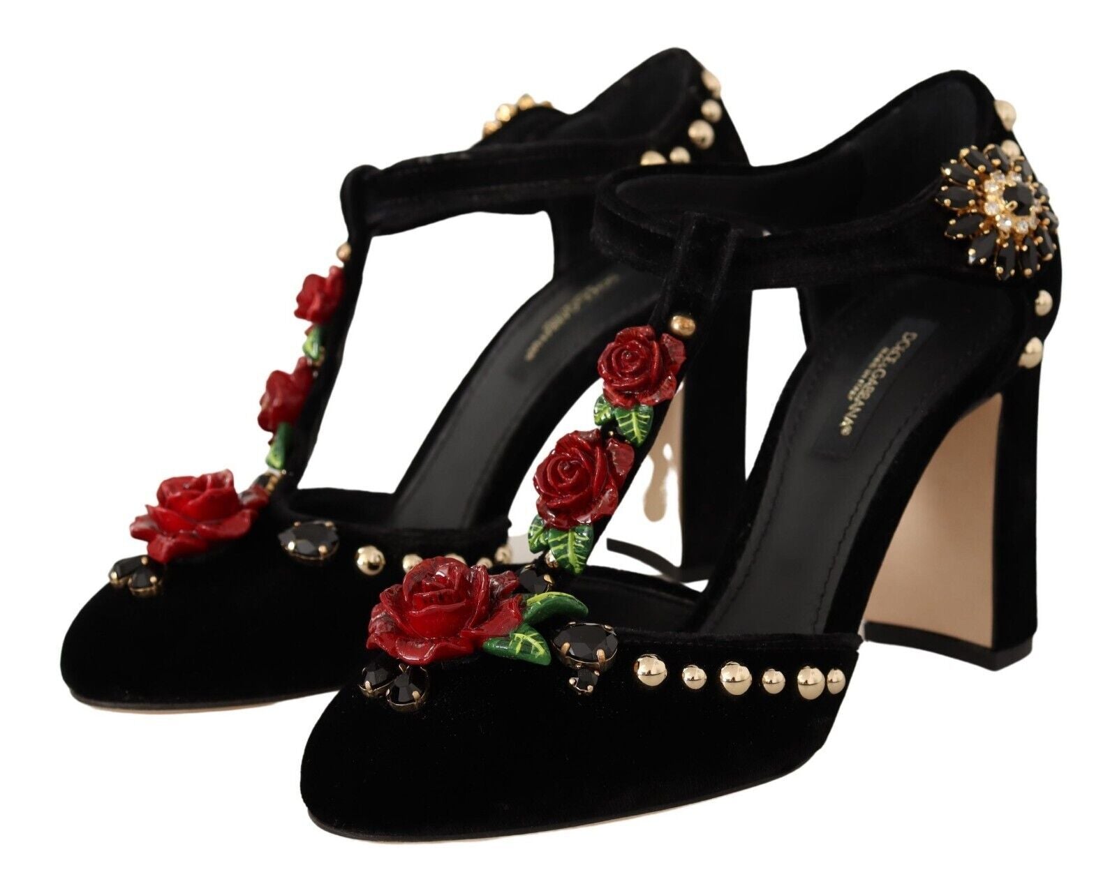 Black Mary Jane Pumps Roses Crystals Shoes - ventzia