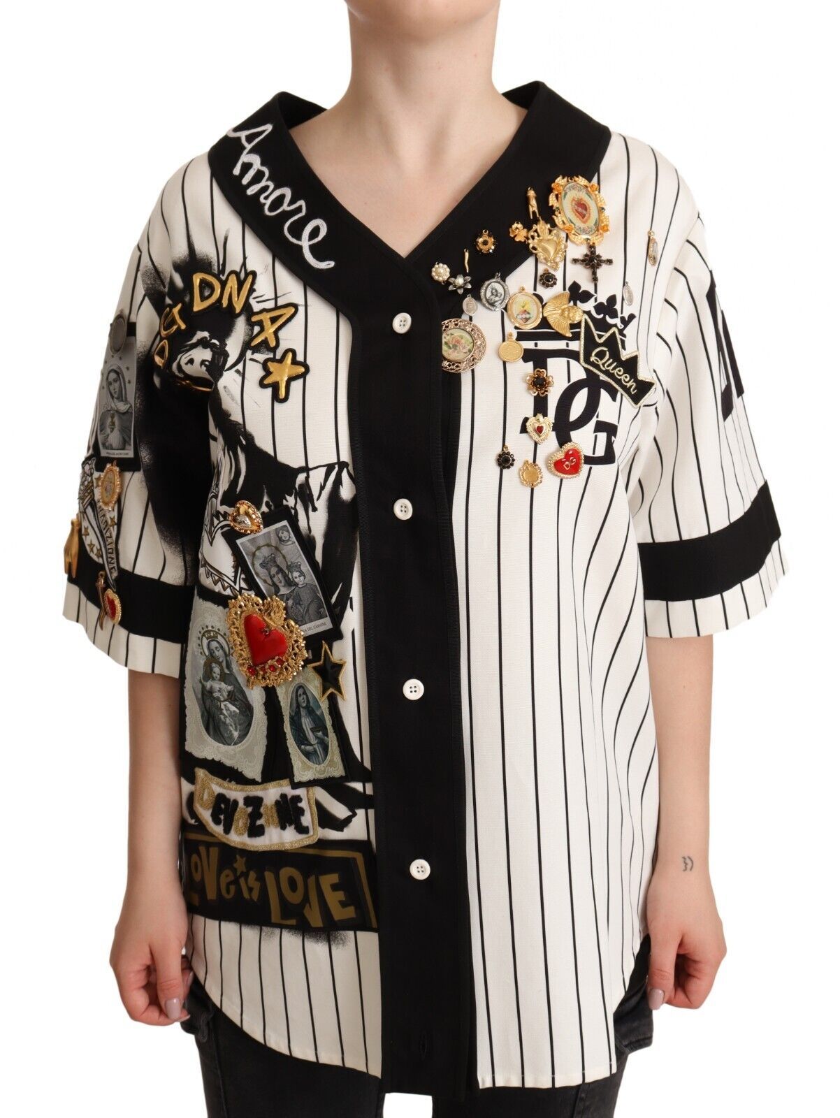 Elegant Striped V-Neck Blouse with Charms - ventzia