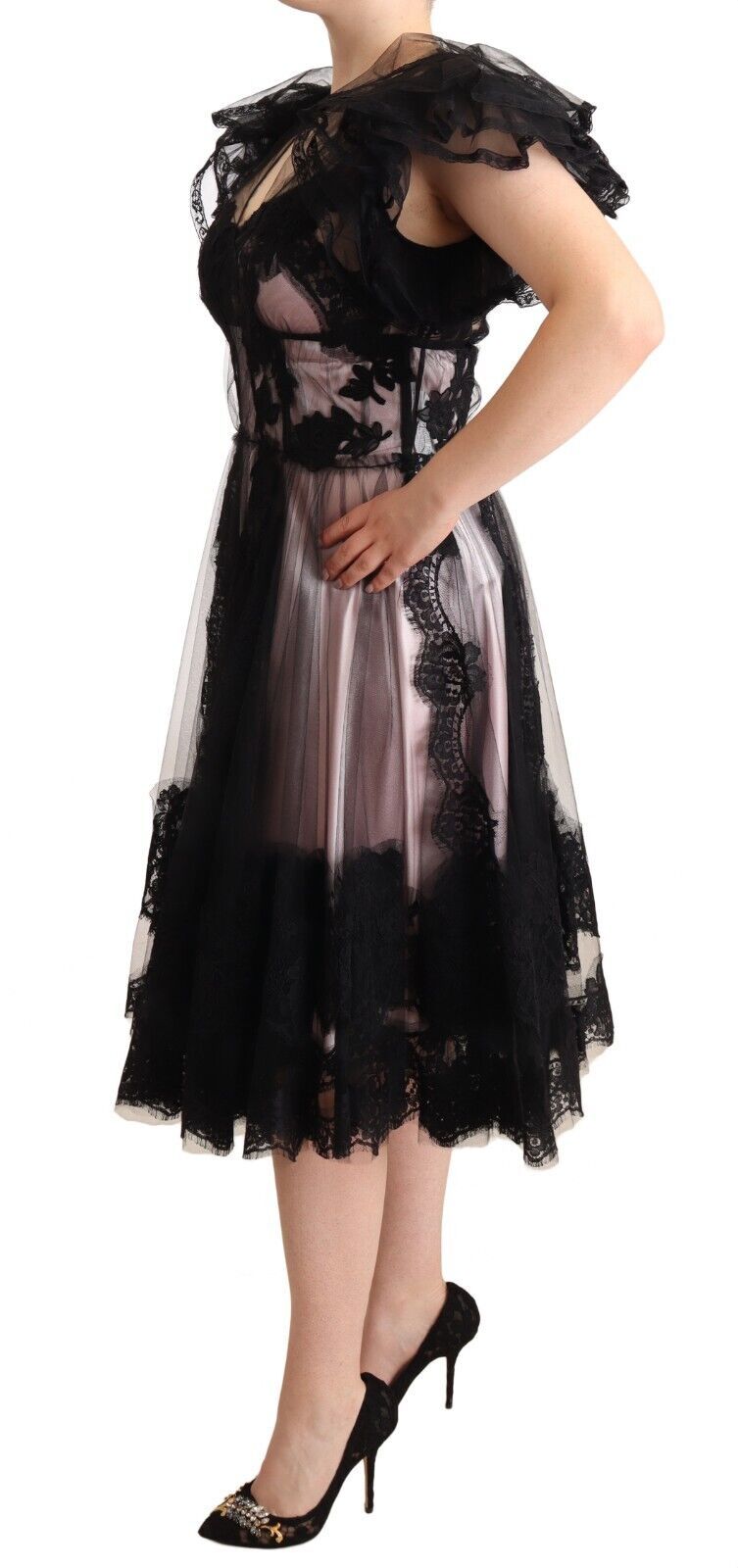 Chic Black Floral Lace Midi Dress - ventzia